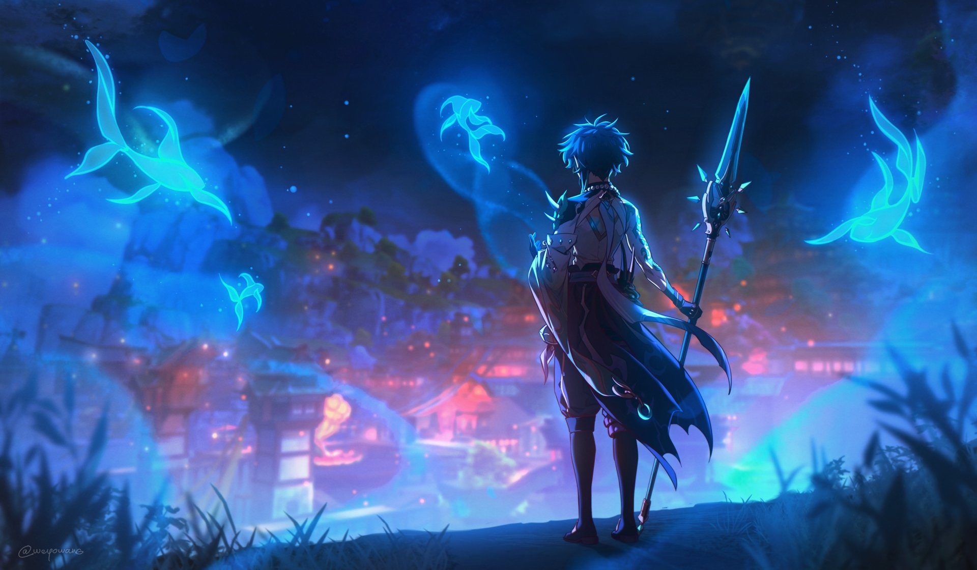 Xiao from Genshin Impact with spirit companions HD Wallpaper
