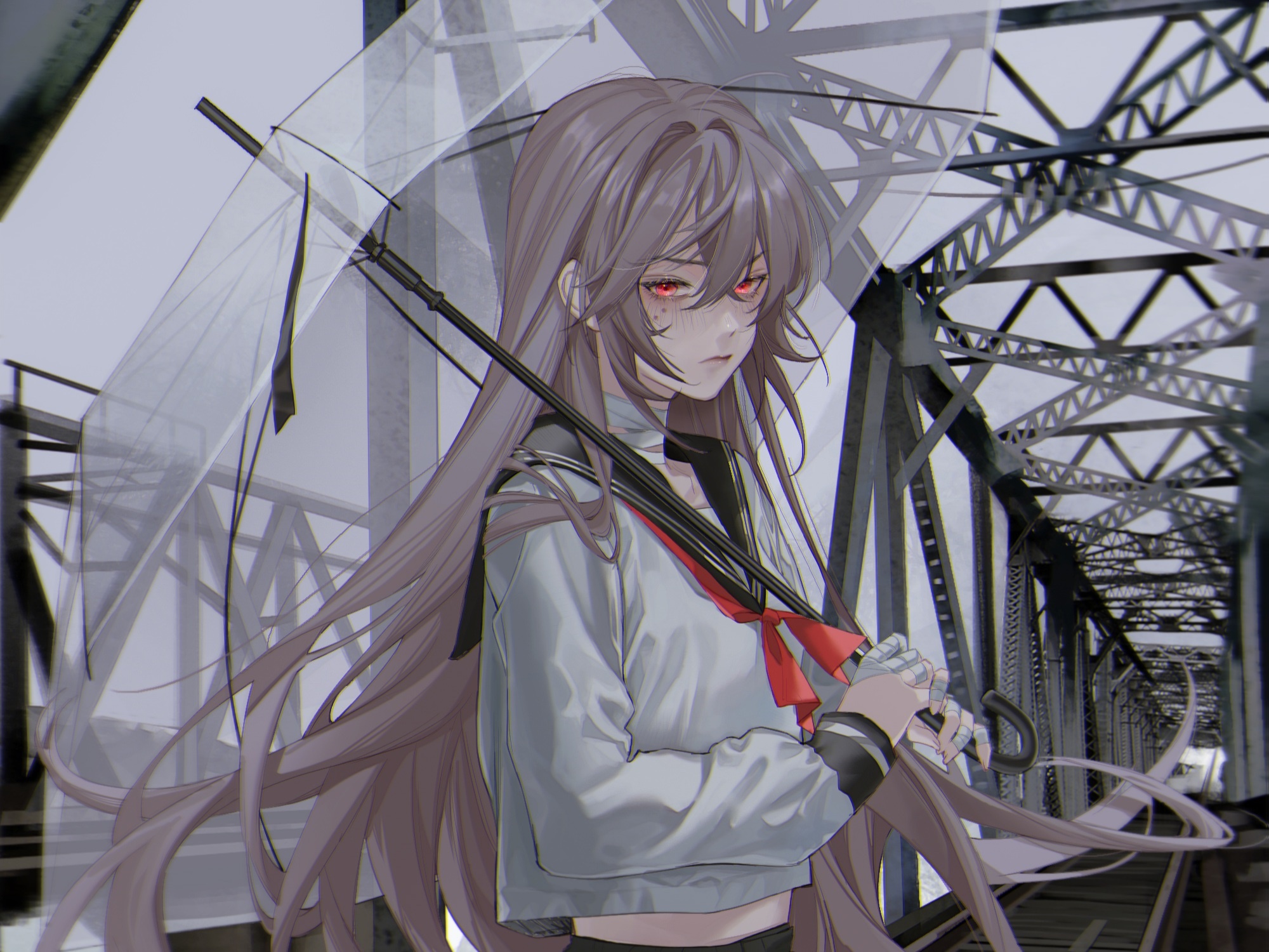 Girl with umbrella on a bridge HD Wallpaper