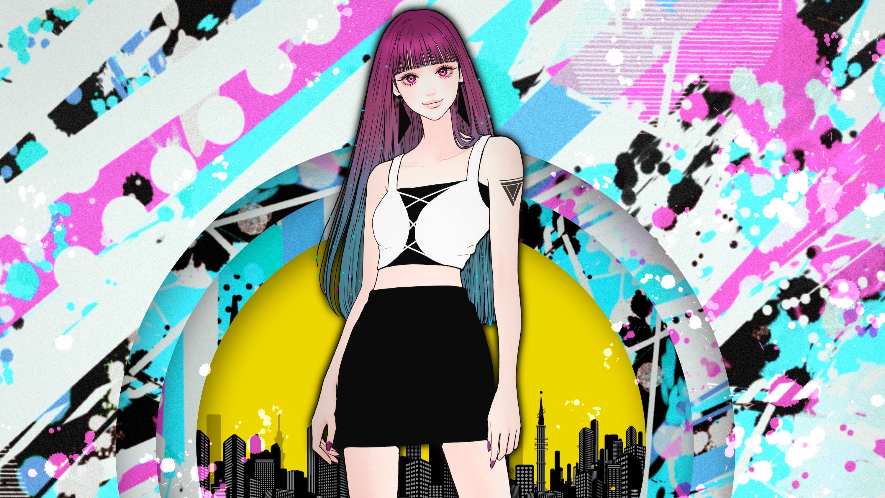 Anime girl with purple hair and black skirt HD Wallpaper