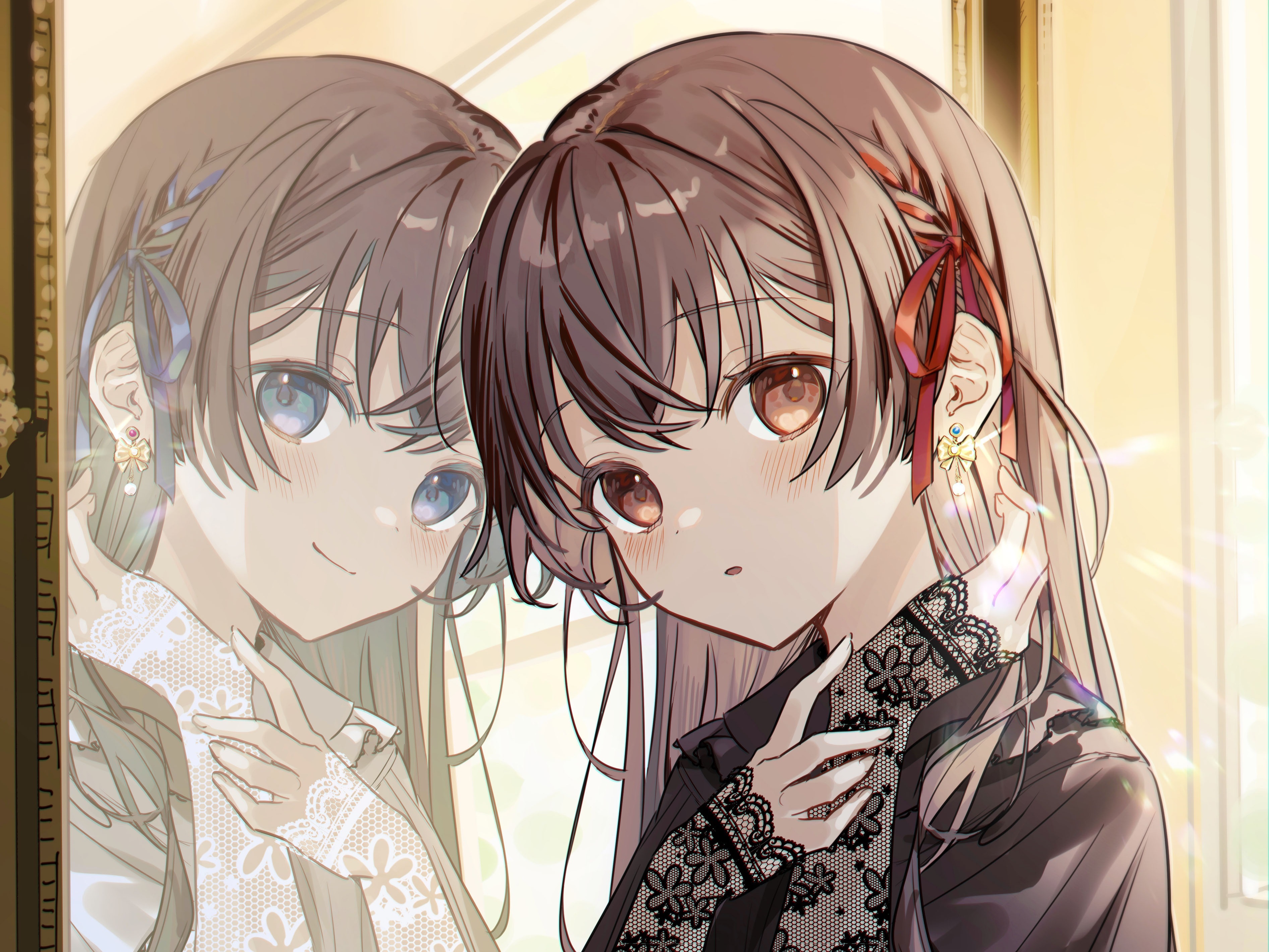 Anime girl looking in a mirror HD Wallpaper