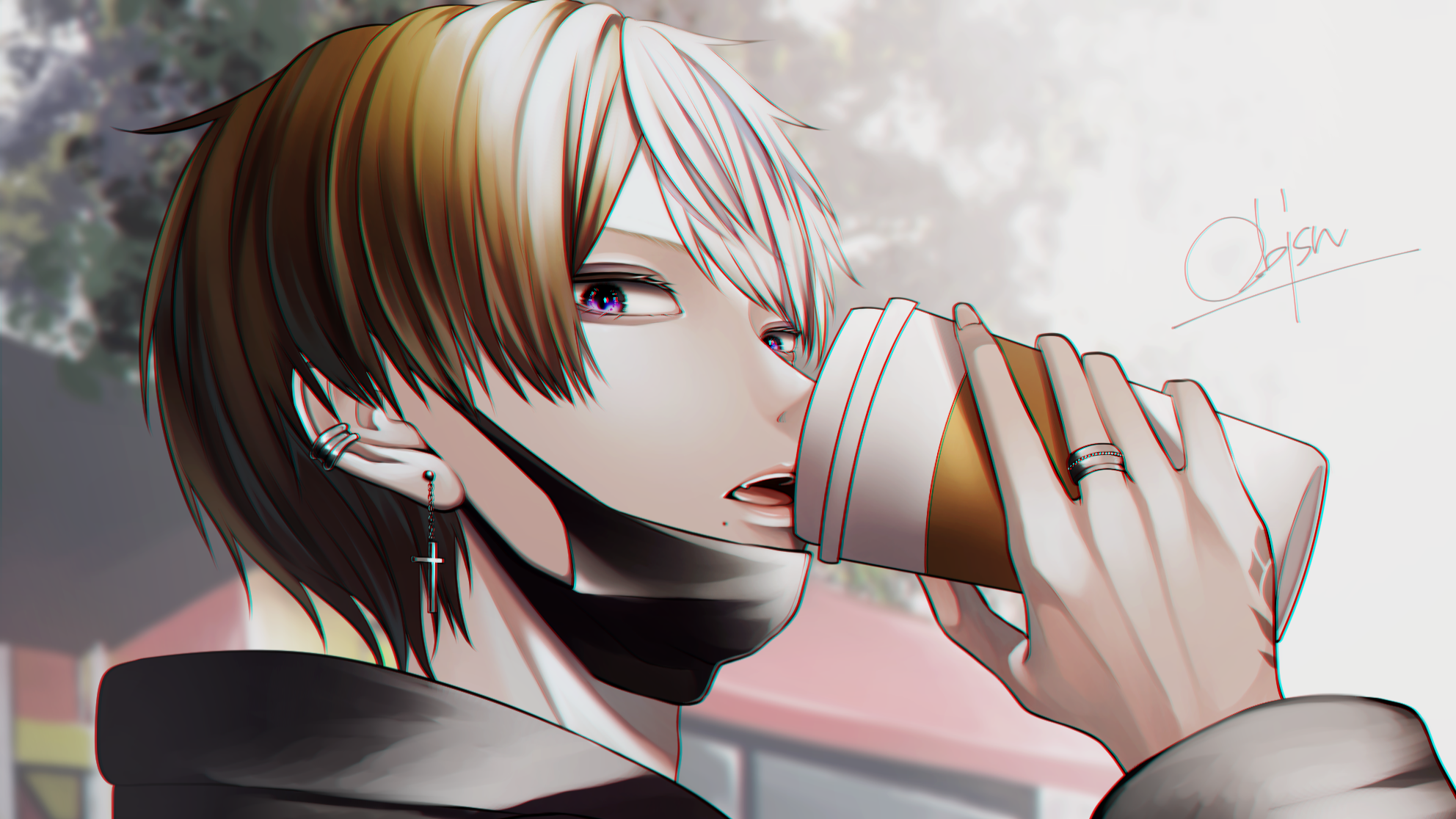 Anime boy drinking coffee HD Wallpaper