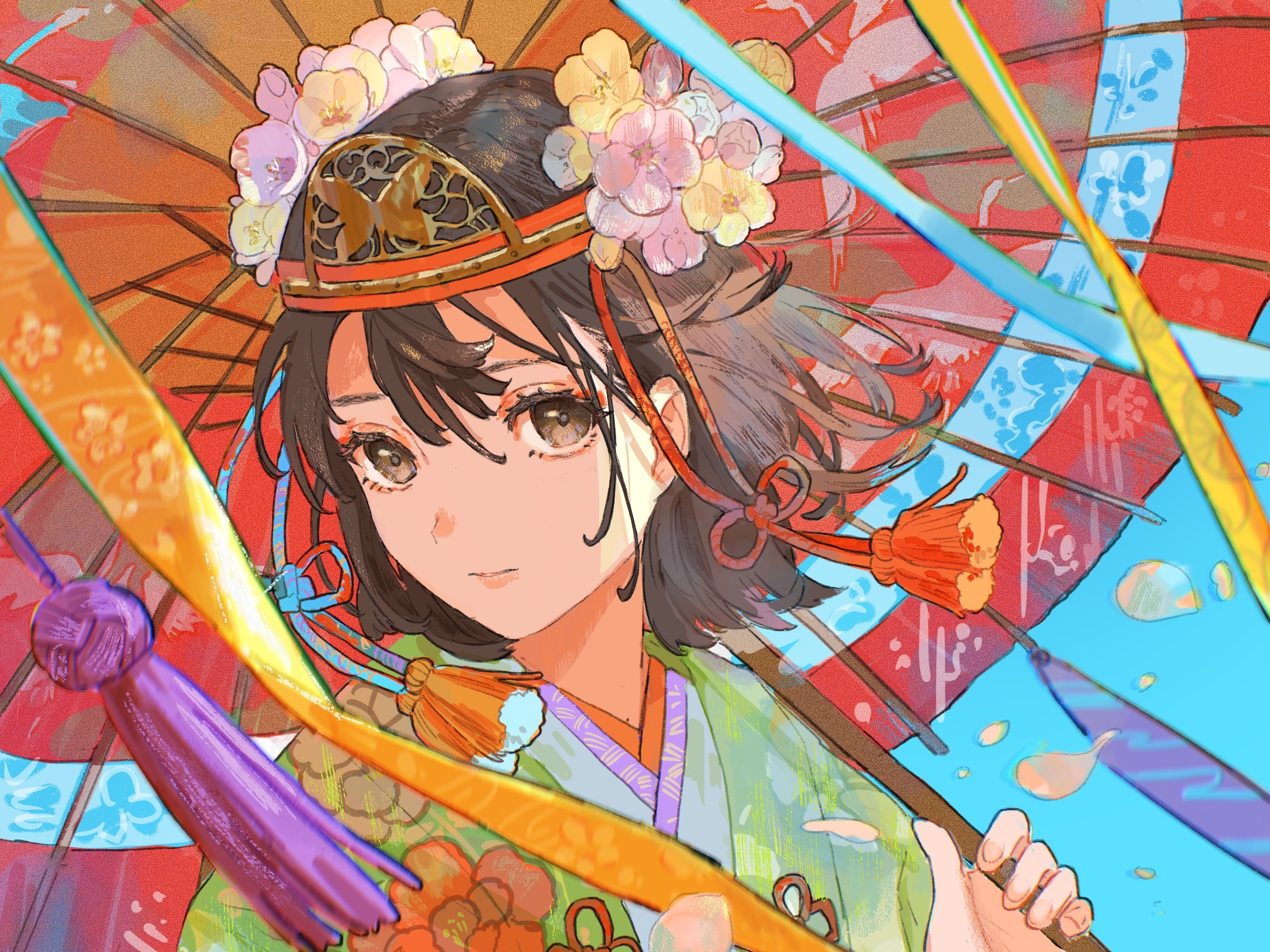 Girl in traditional Japanese attire with umbrella HD Wallpaper