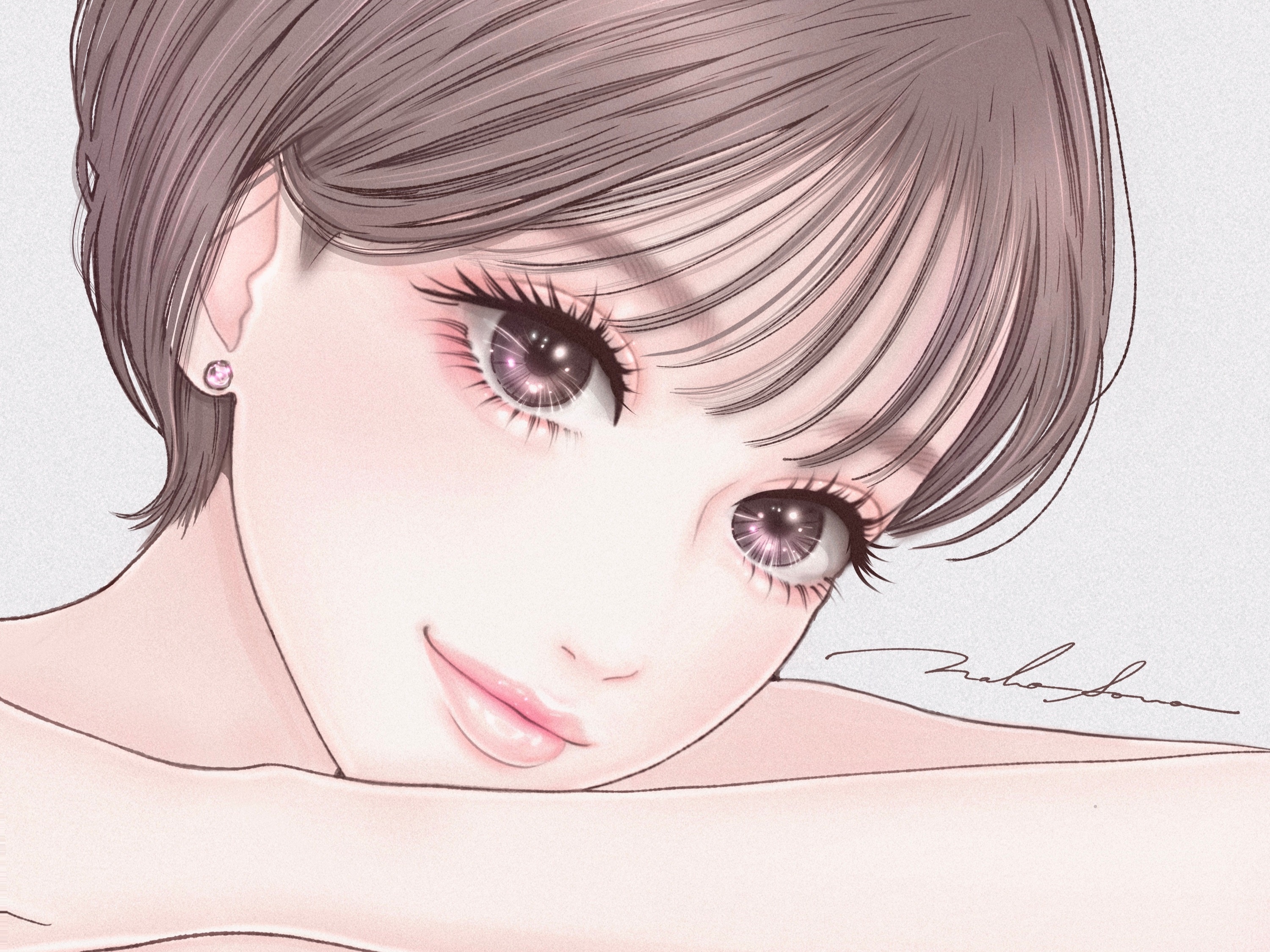 Anime girl with short brown hair and pink makeup HD Wallpaper