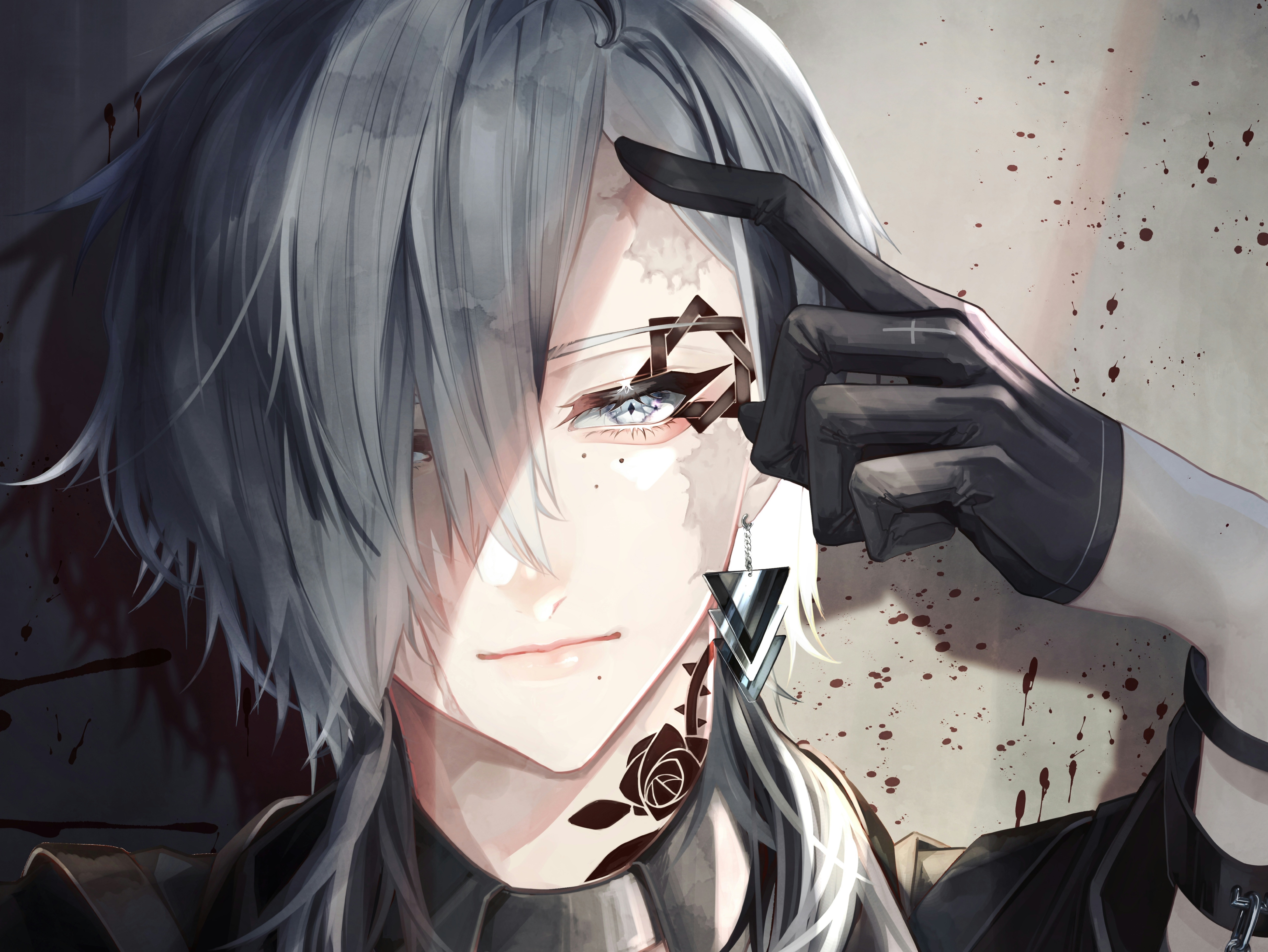 Anime Boy with Gray Hair and Tattoos 4K HD Wallpaper