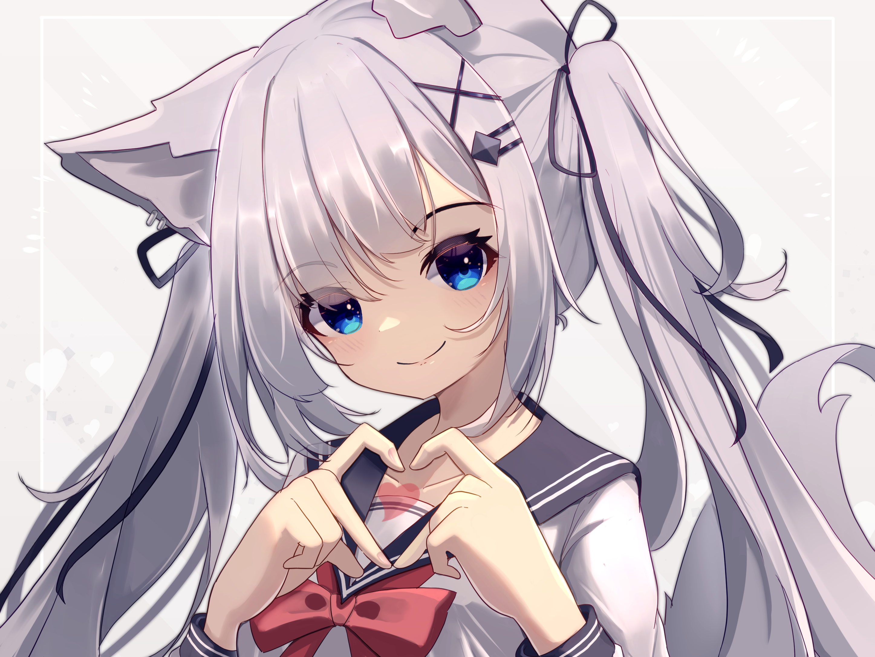 Anime girl with cat ears and pigtails making heart shape HD Wallpaper