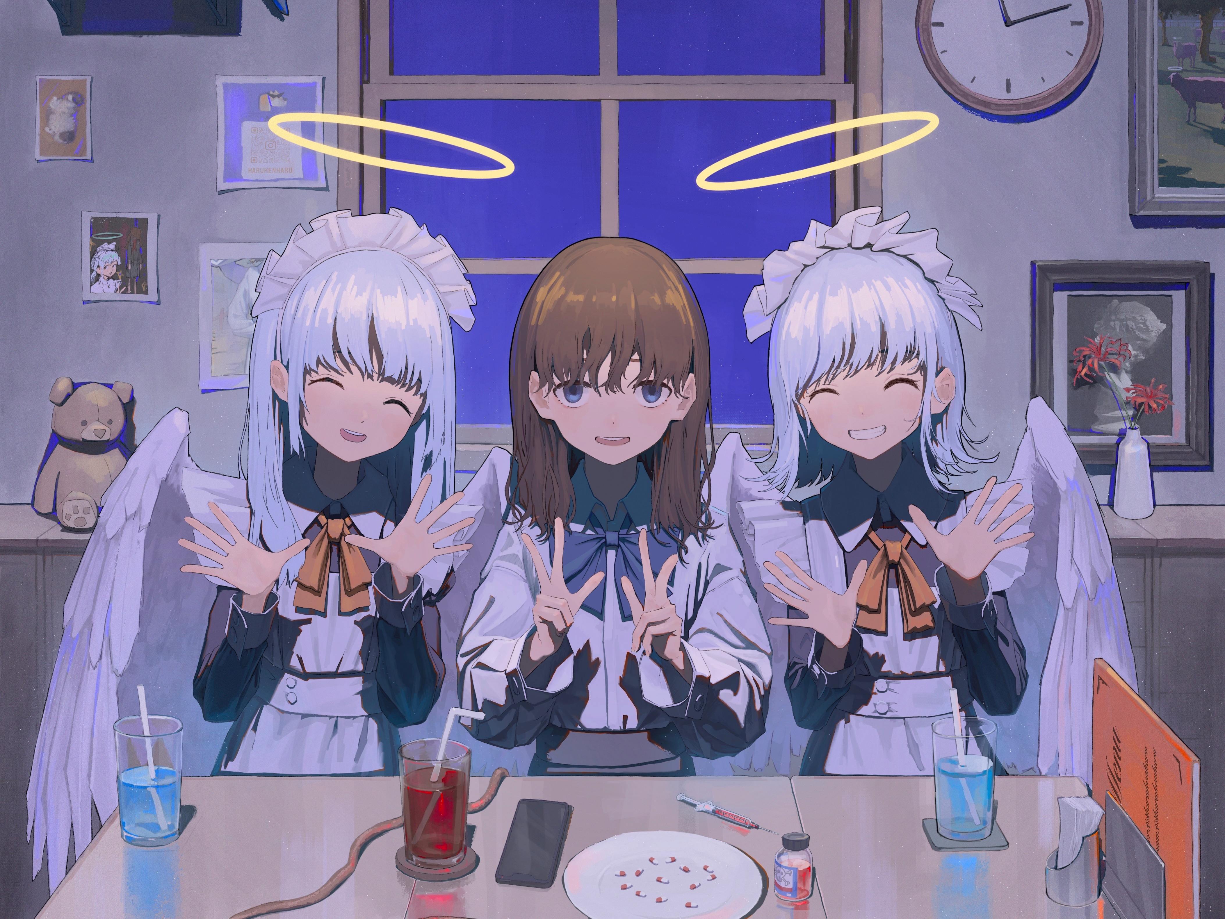 Three anime girls with wings and halos HD Wallpaper