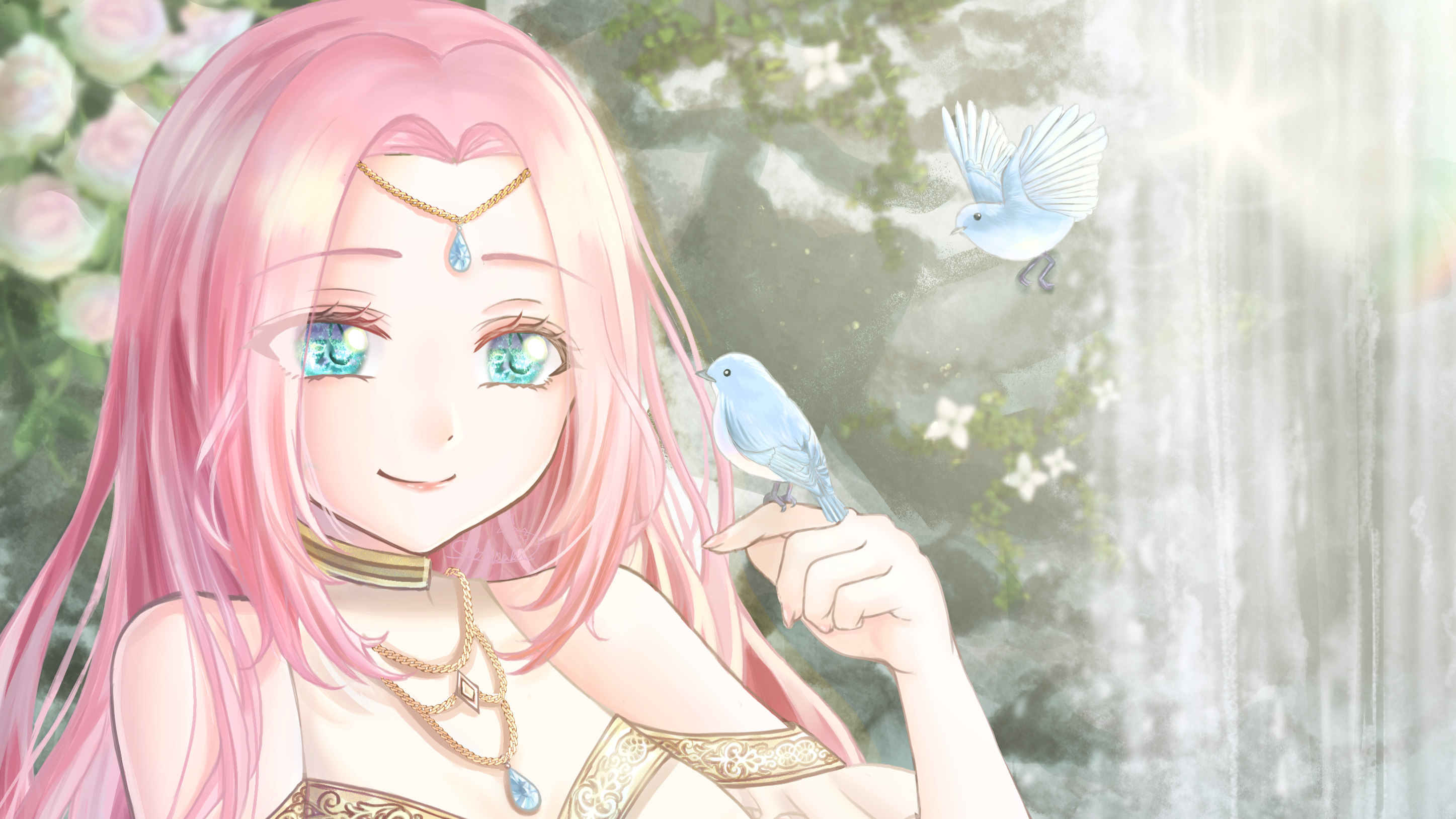 Girl with pink hair and blue eyes with birds HD Wallpaper