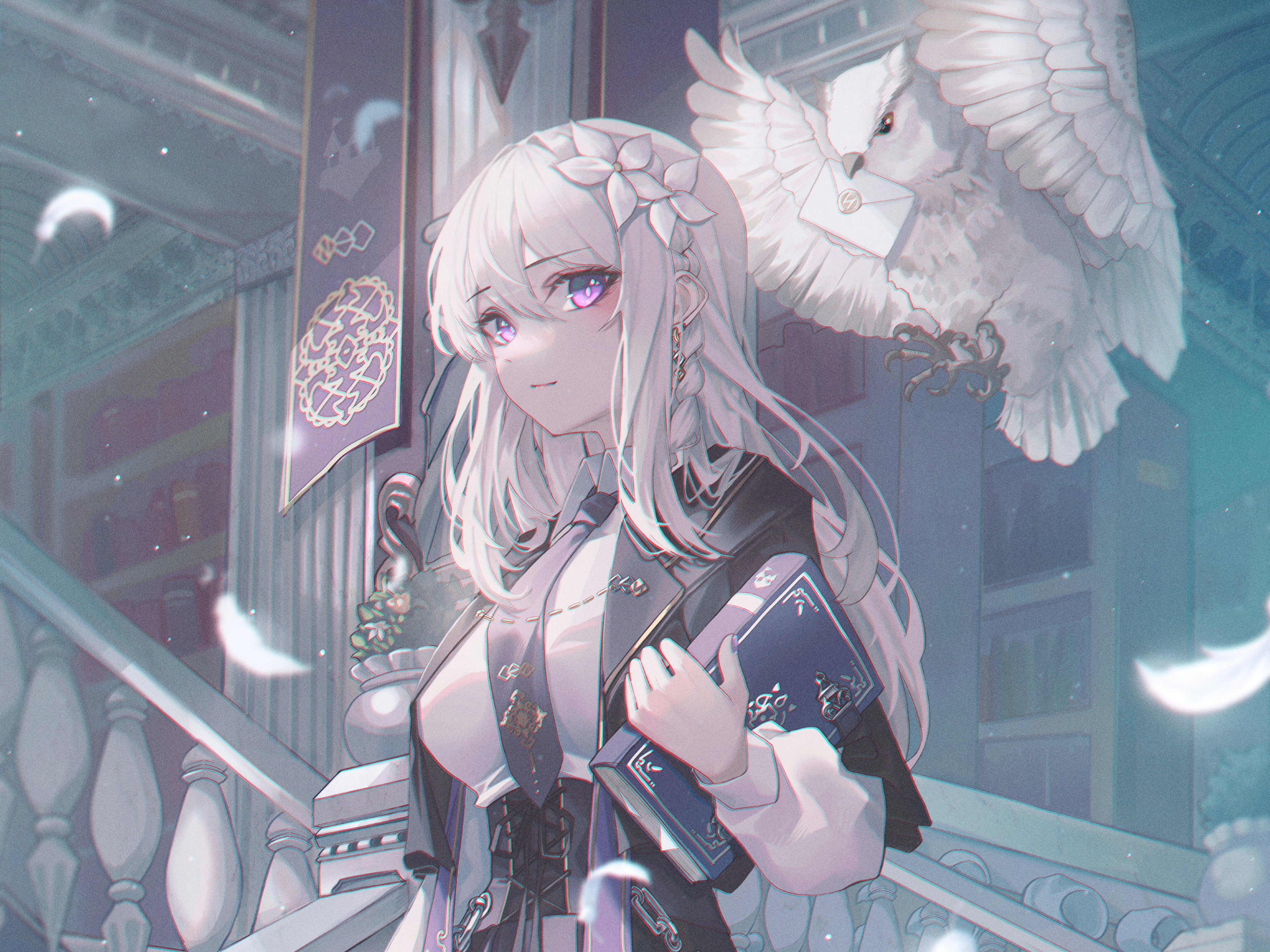 Girl with Owl and Books HD Wallpaper