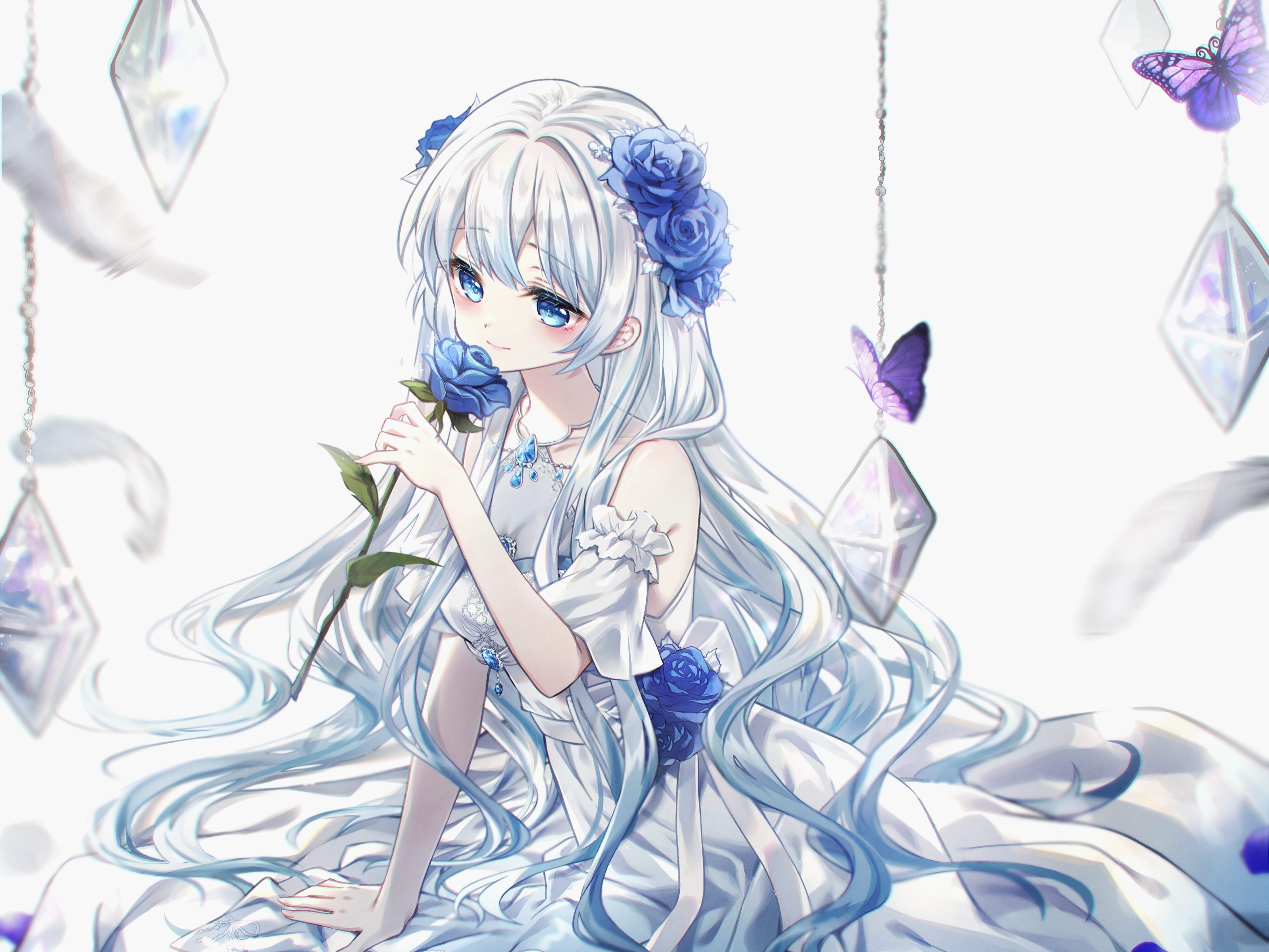 Girl with white hair holding a blue rose HD Wallpaper