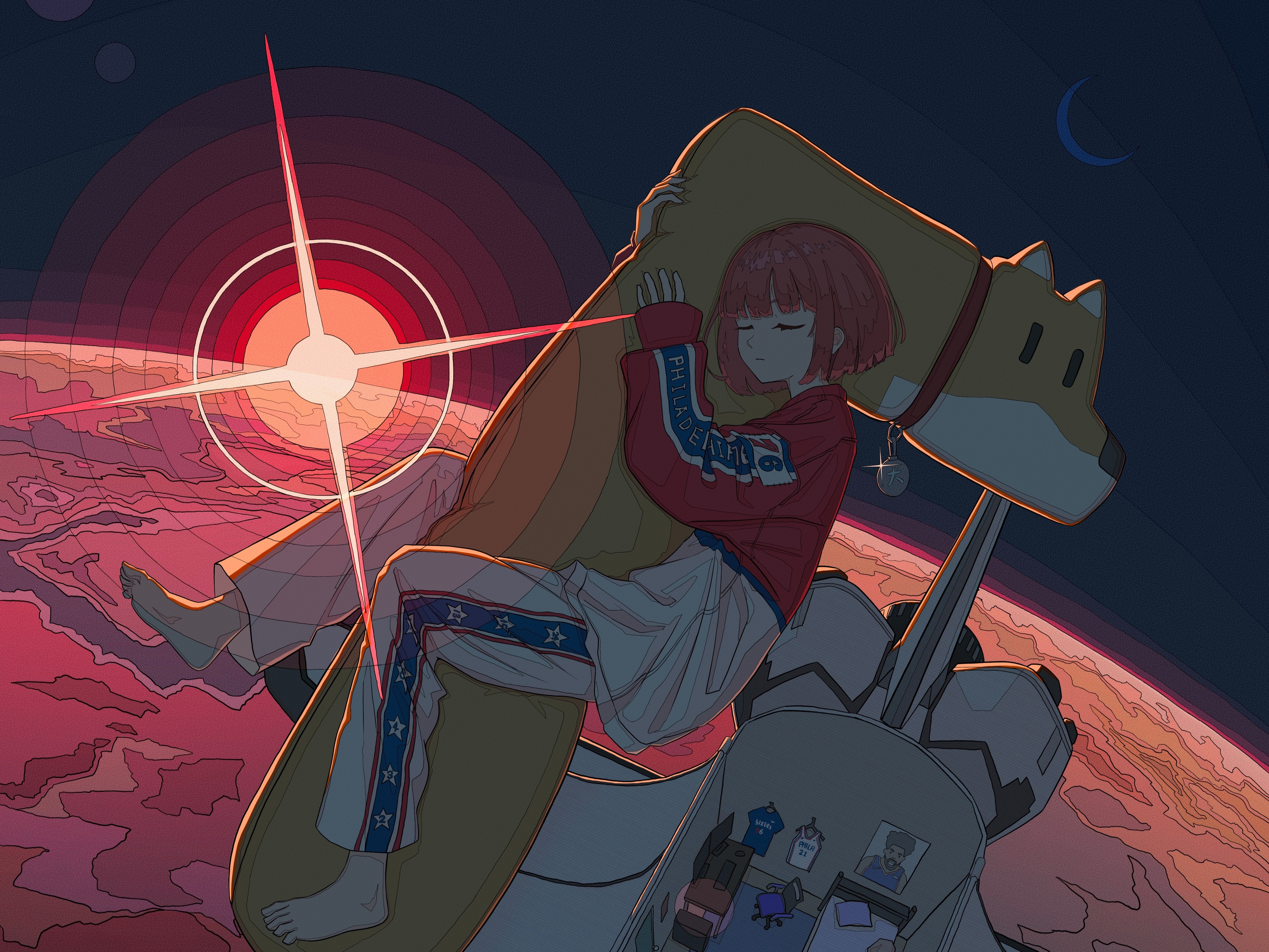 Girl sleeping on a dog-shaped pillow in space HD Wallpaper