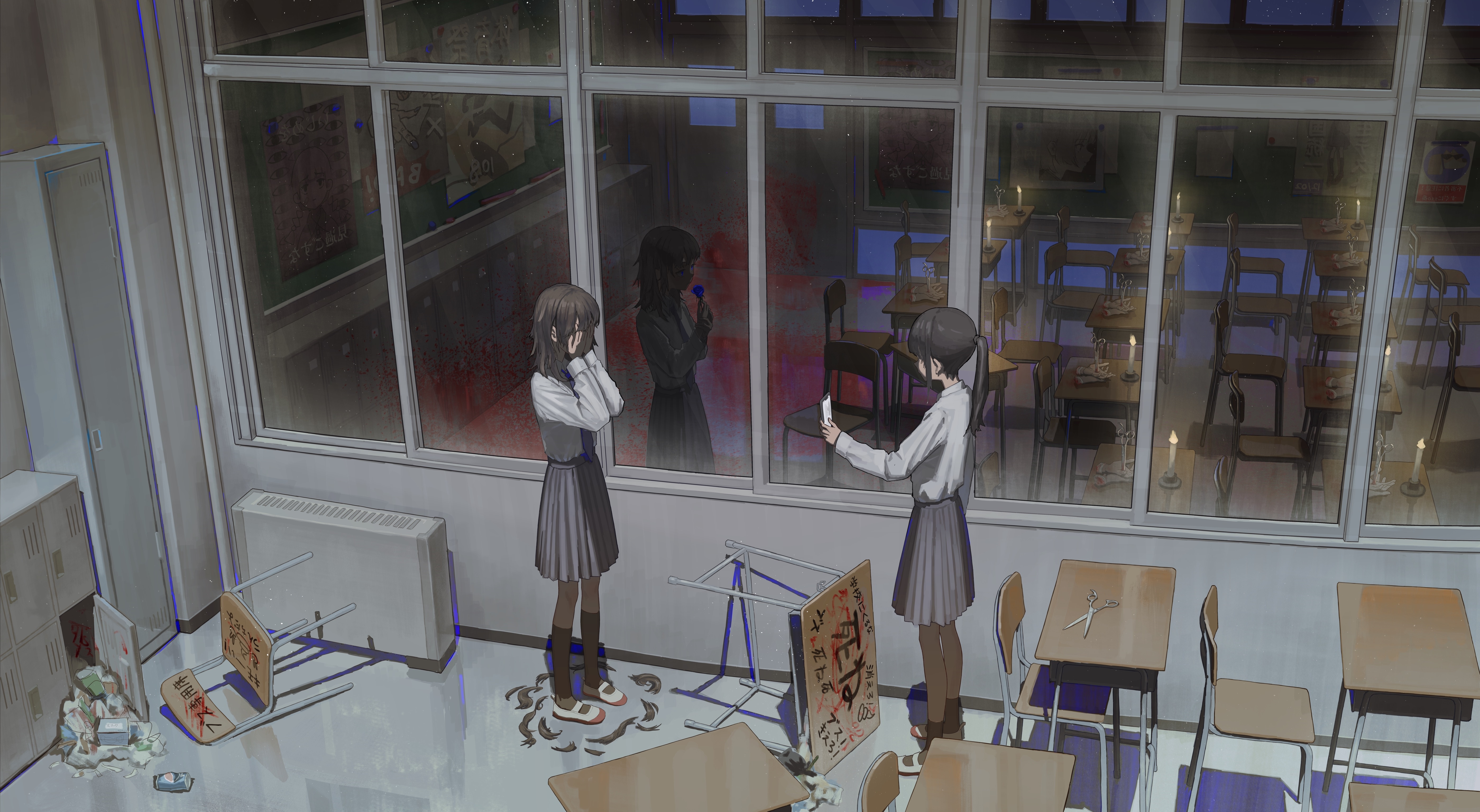 Two girls in a classroom with bloodstains HD Wallpaper