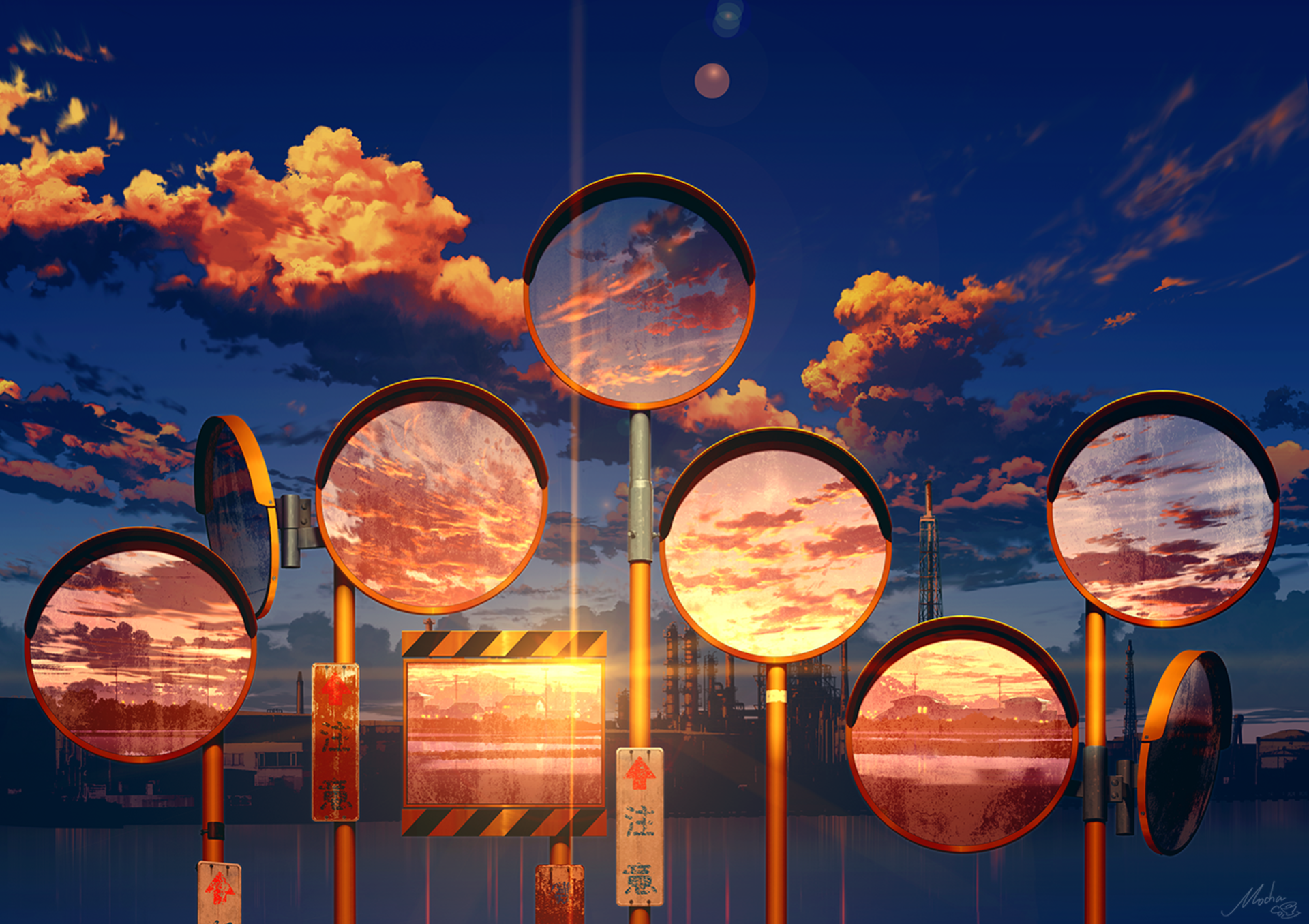 Mirrors reflecting sunset clouds over industrial landscape HD Wallpaper