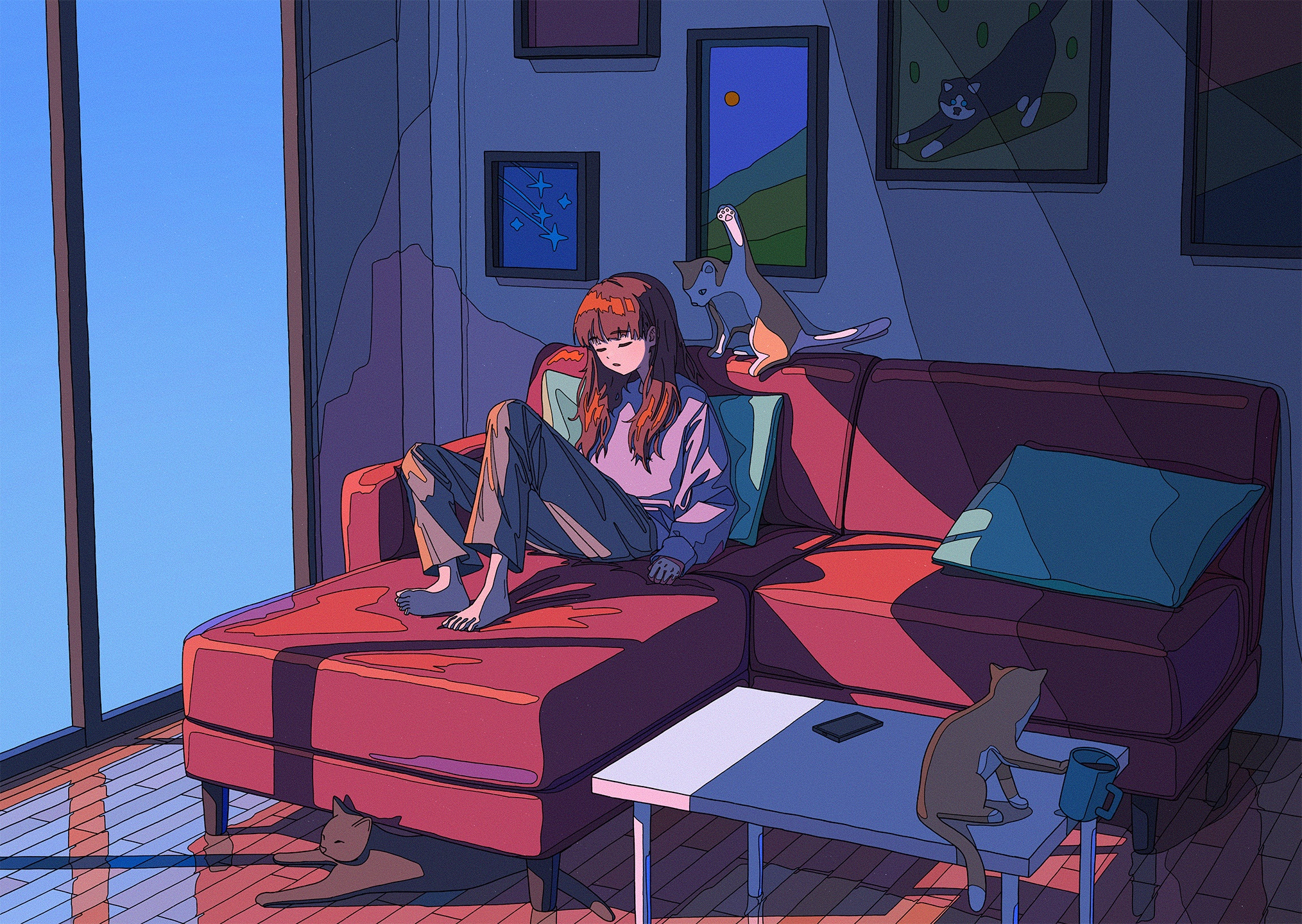 Girl relaxing on a couch with cats HD Wallpaper