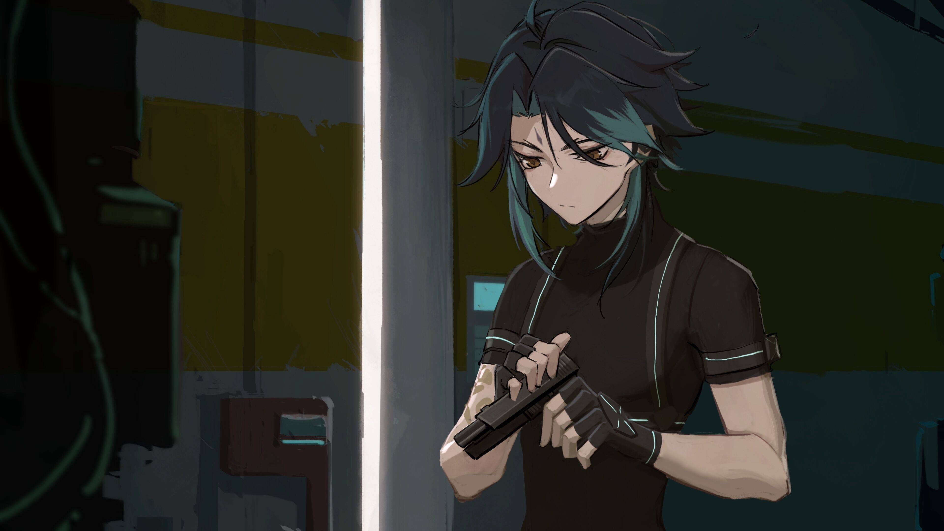 Xiao from Genshin Impact holding a gun HD Wallpaper