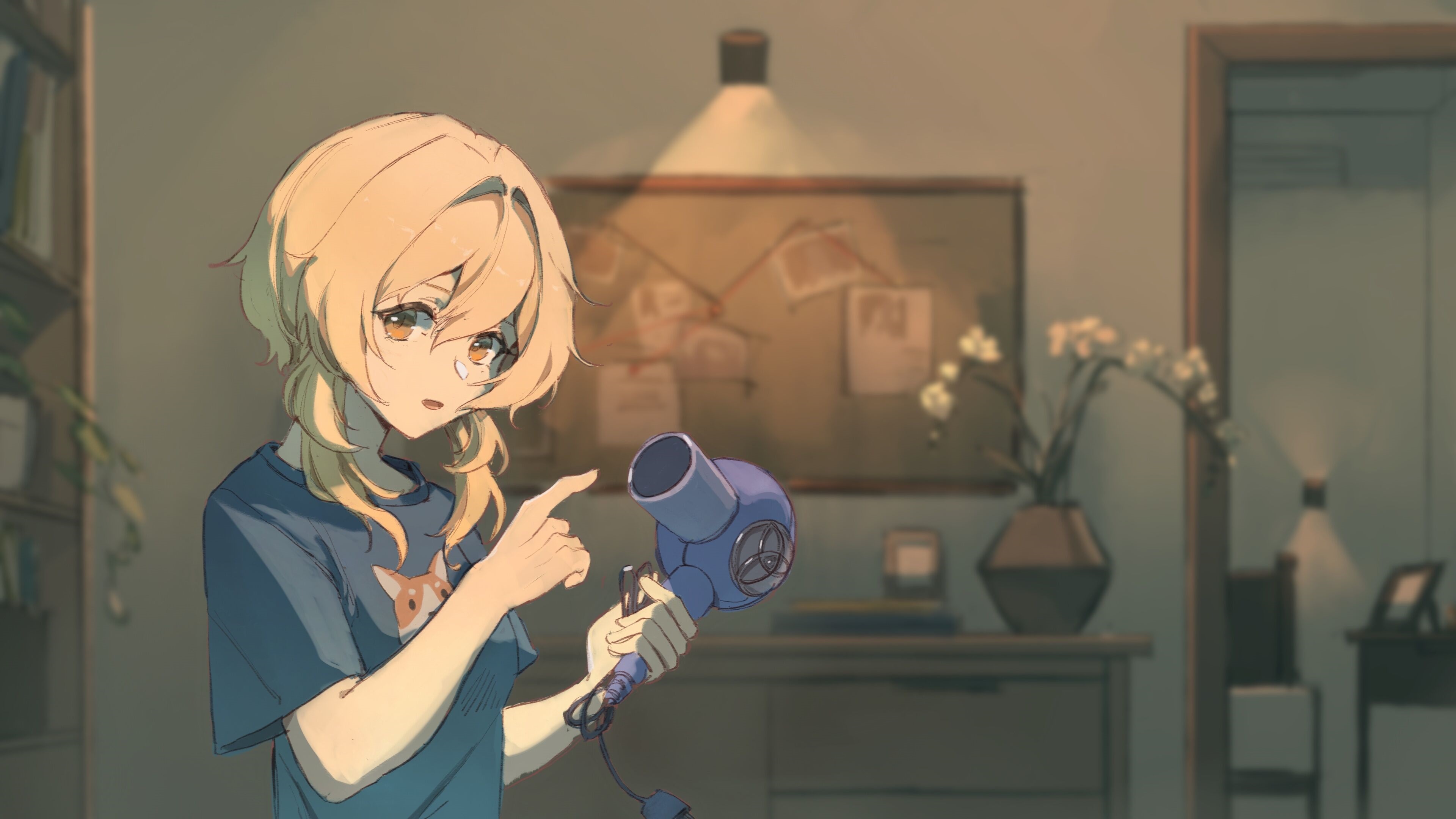 Lumine from Genshin Impact with a hairdryer HD Wallpaper