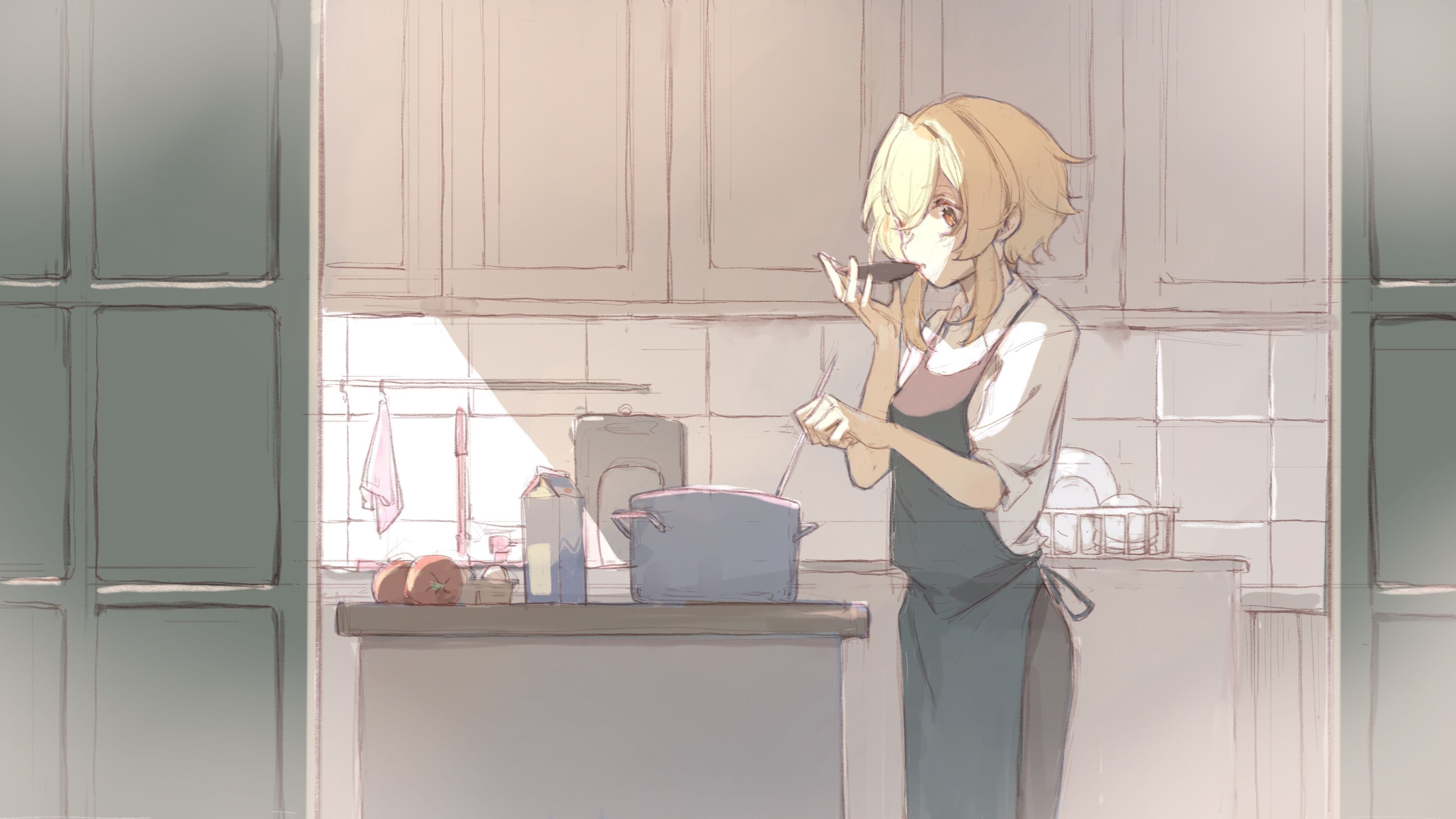 Lumine from Genshin Impact cooking in a kitchen HD Wallpaper