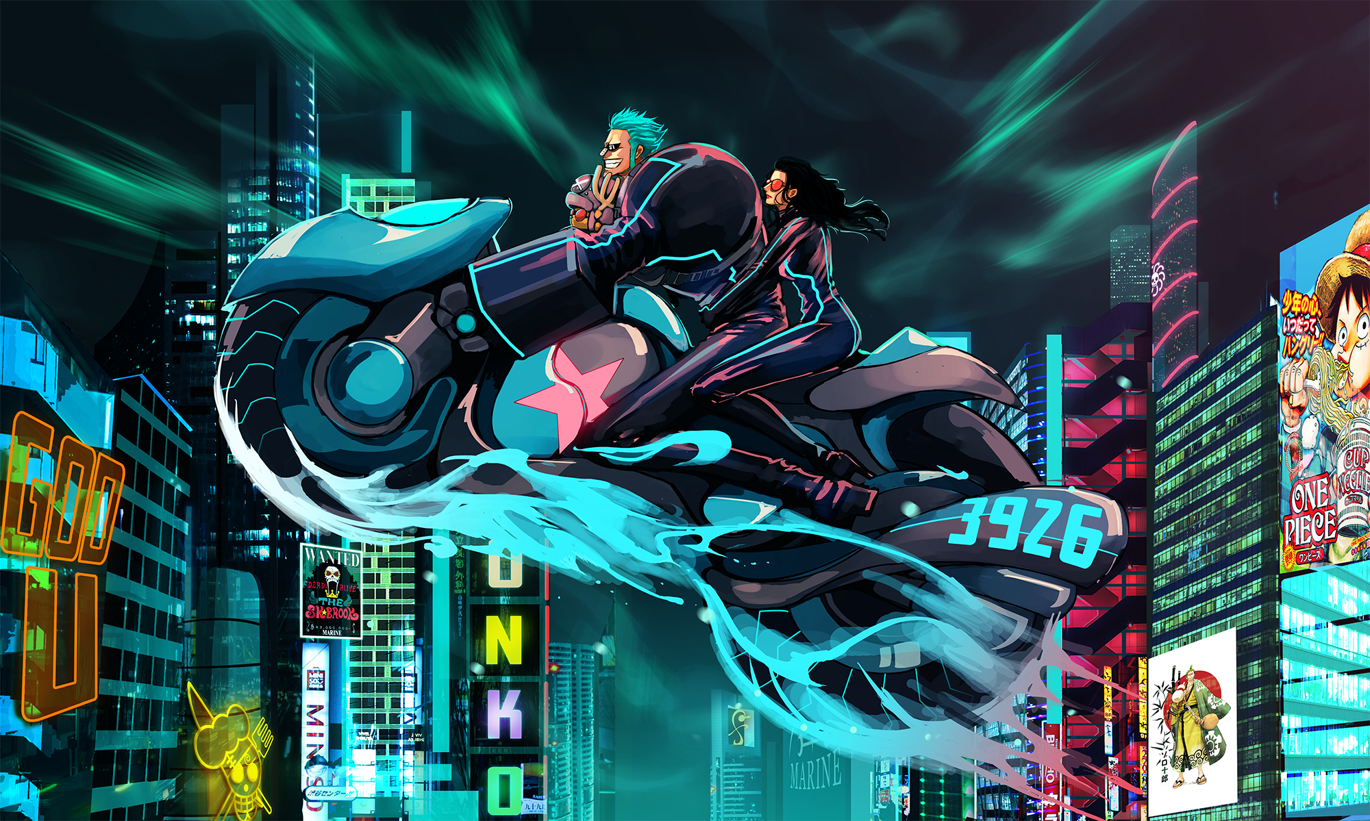 Franky and Nico Robin riding a futuristic motorcycle in a neon city HD Wallpaper