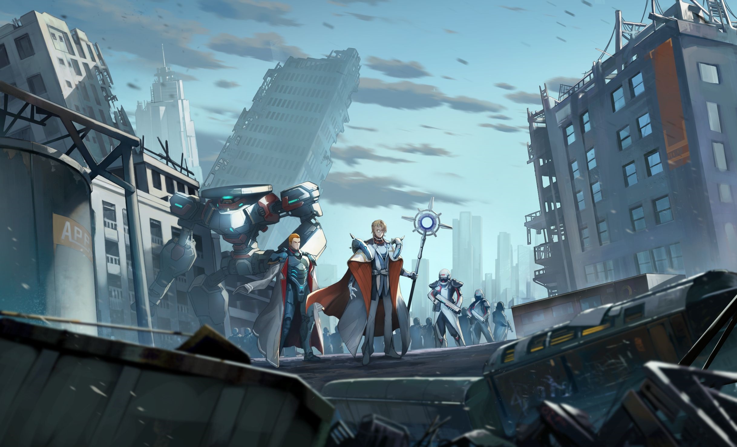 Characters and mecha in a ruined city HD Wallpaper