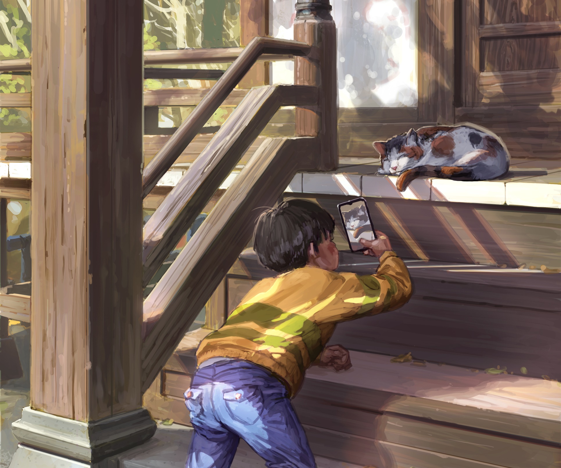 Boy taking a photo of a sleeping cat HD Wallpaper