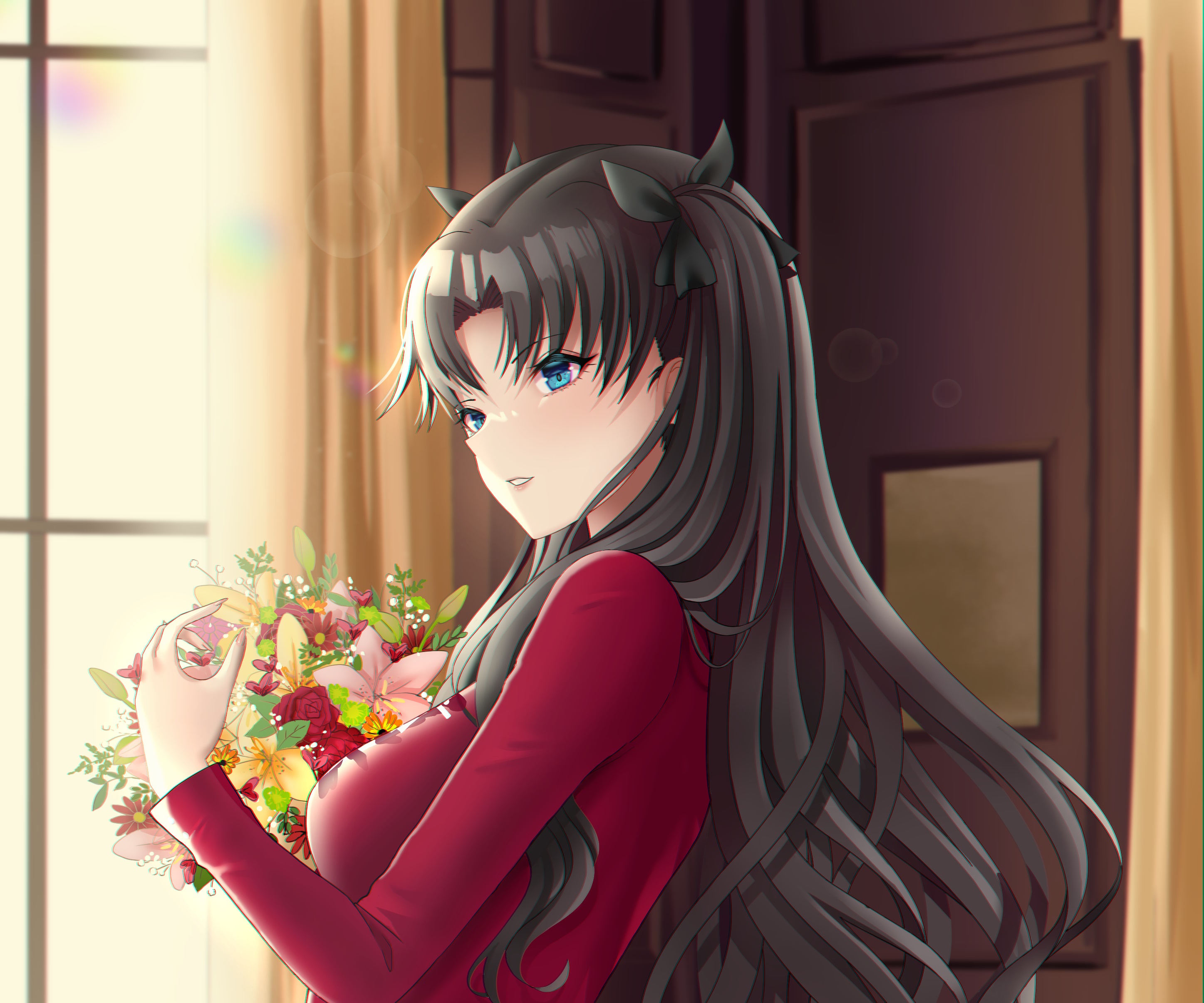 Rin Tohsaka from Fate/Stay Night holding a bouquet HD Wallpaper