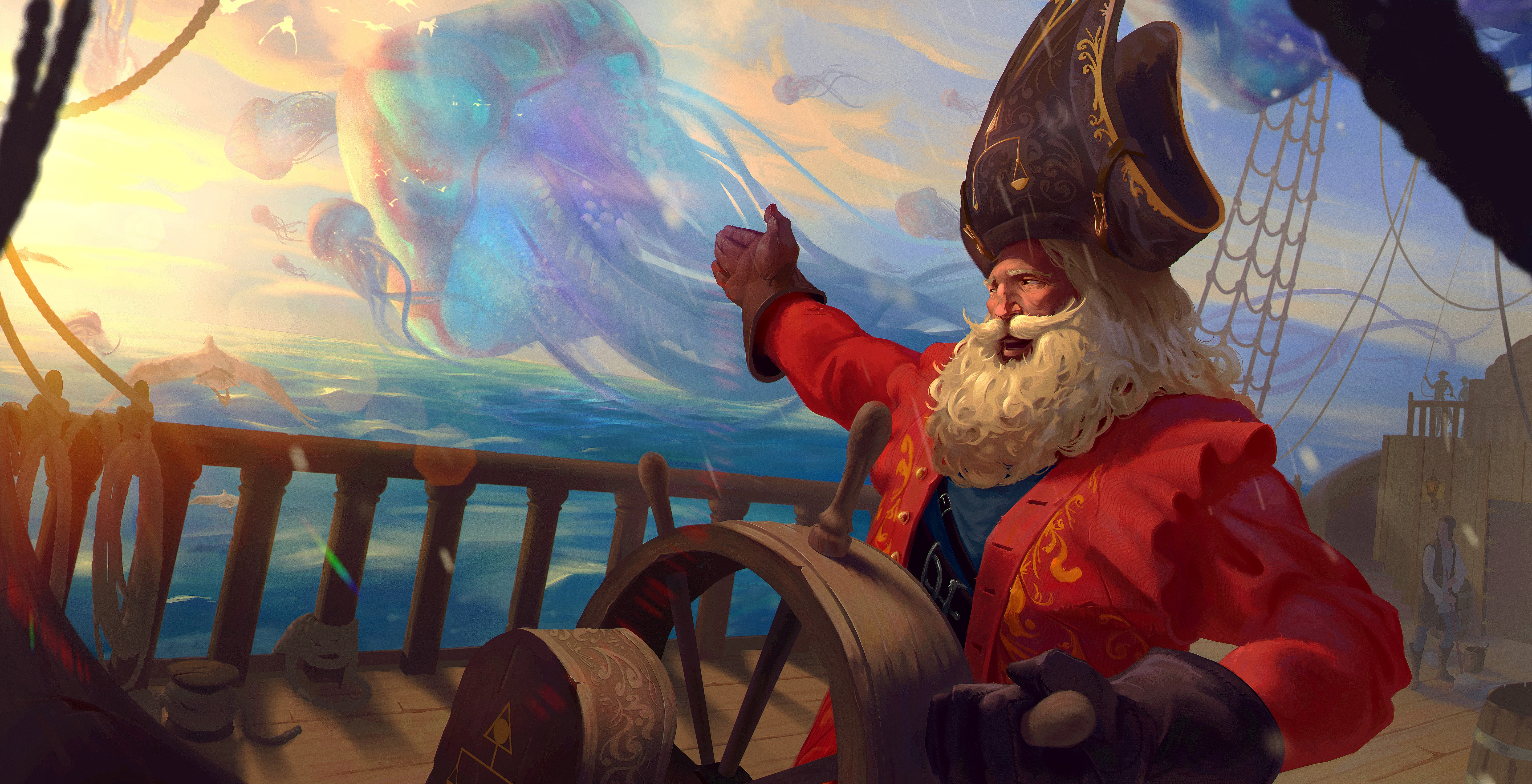 Pirate captain steering ship through sky with giant jellyfish HD Wallpaper