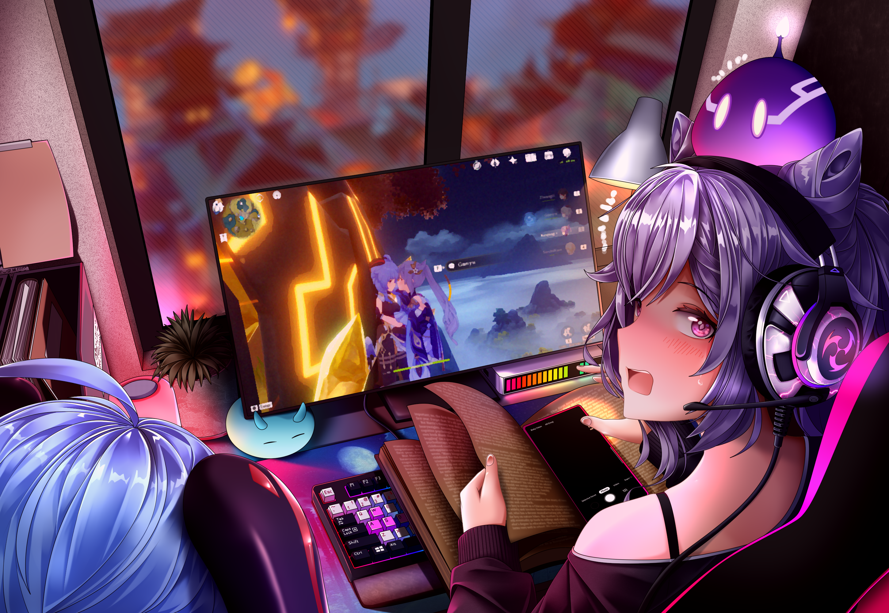 Keqing and Ganyu from Genshin Impact playing video games HD Wallpaper