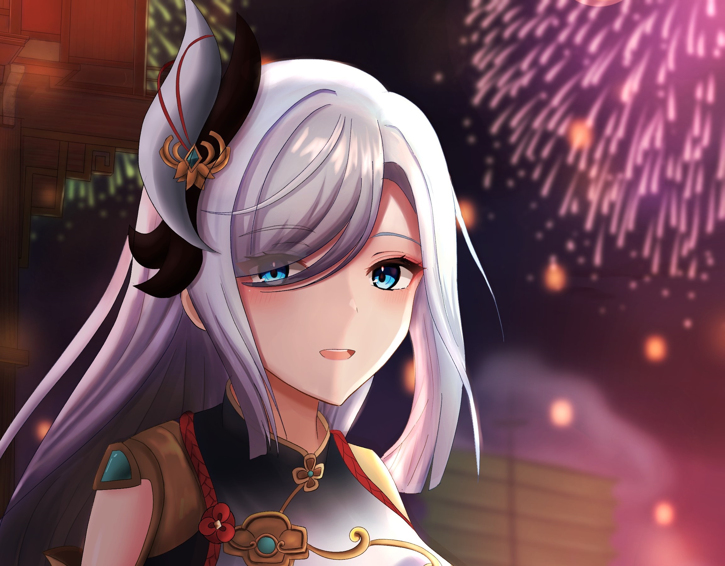 Shenhe from Genshin Impact with fireworks HD Wallpaper