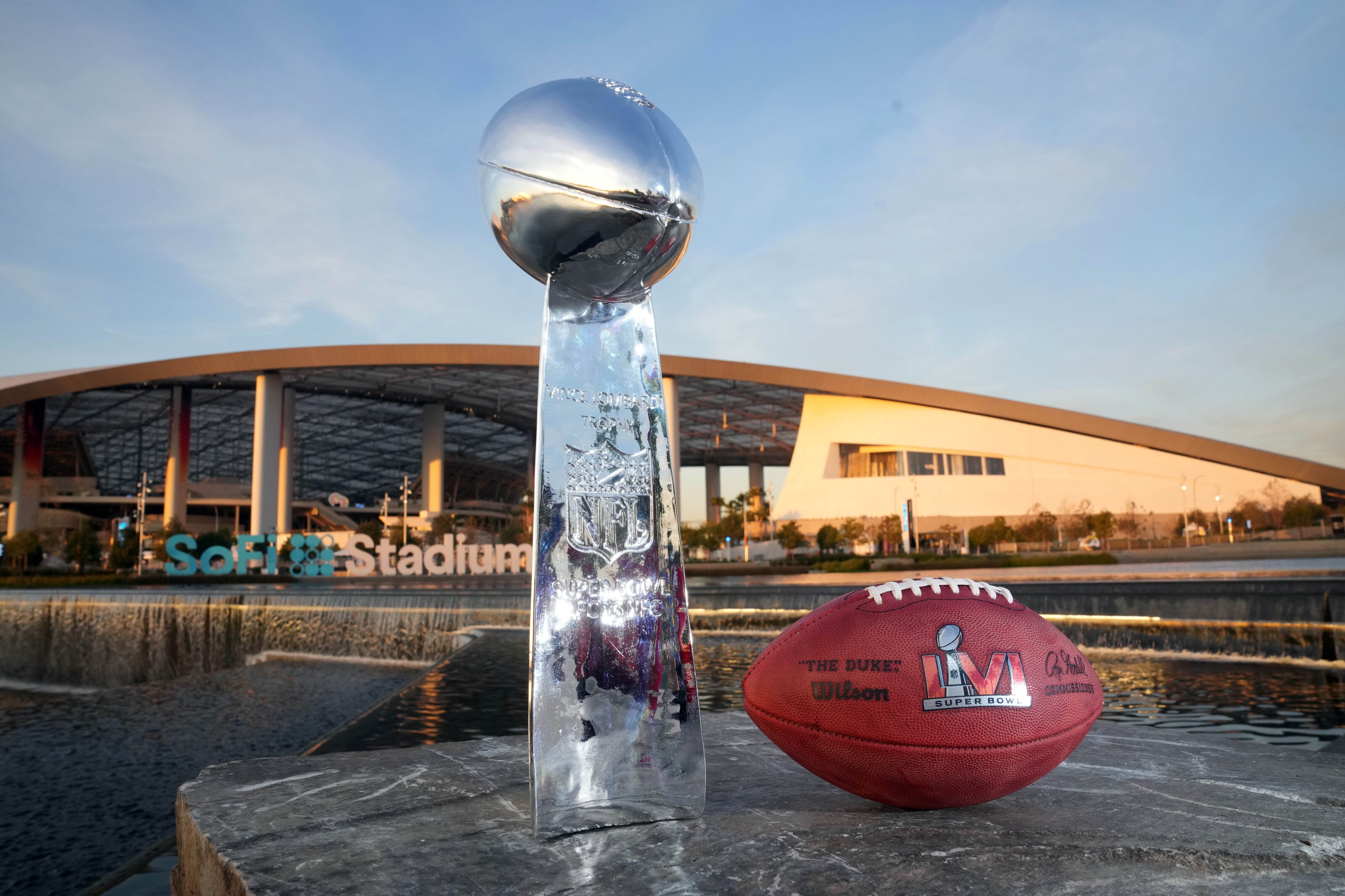 Super Bowl LVI Trophy and Football at SoFi Stadium HD Wallpaper