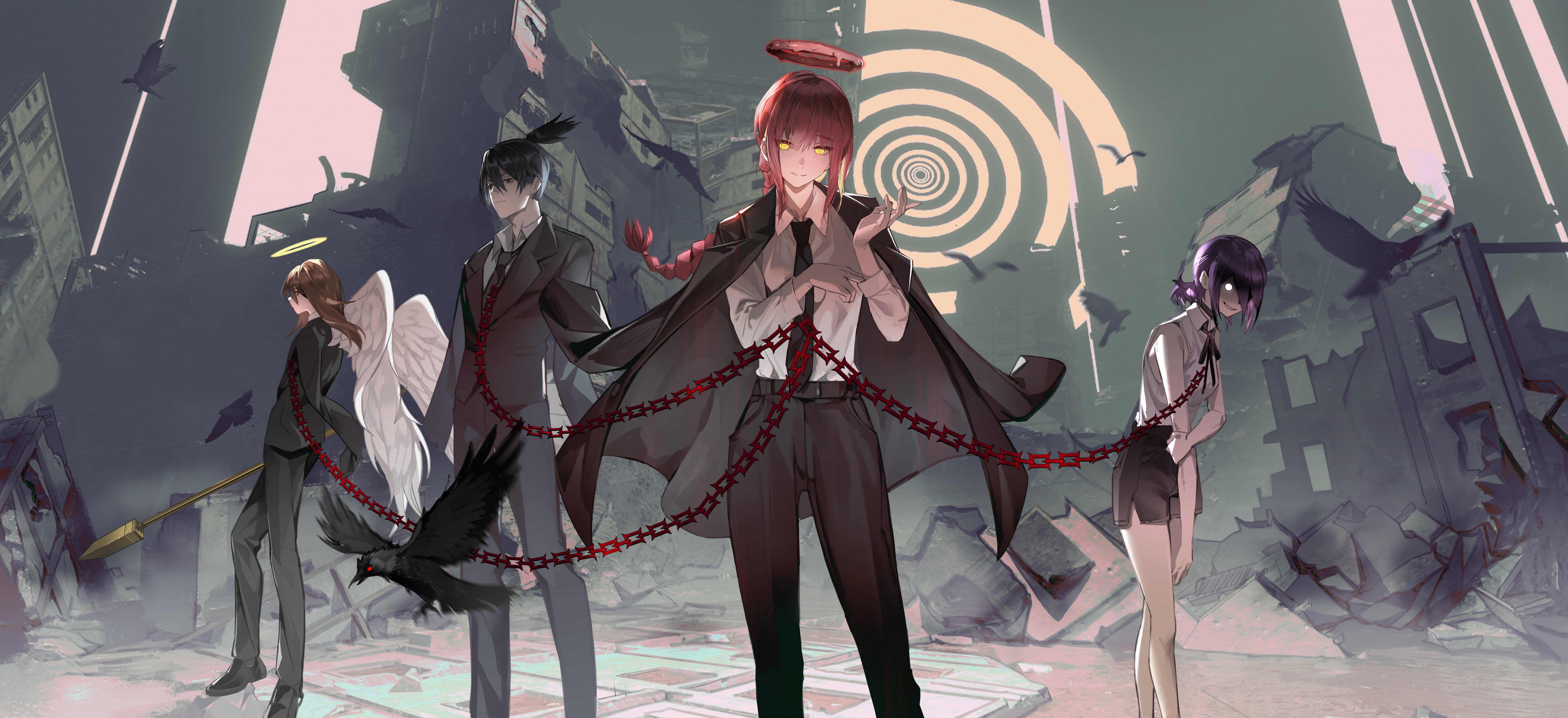 Chainsaw Man Characters in a Post-Apocalyptic Scene HD Wallpaper