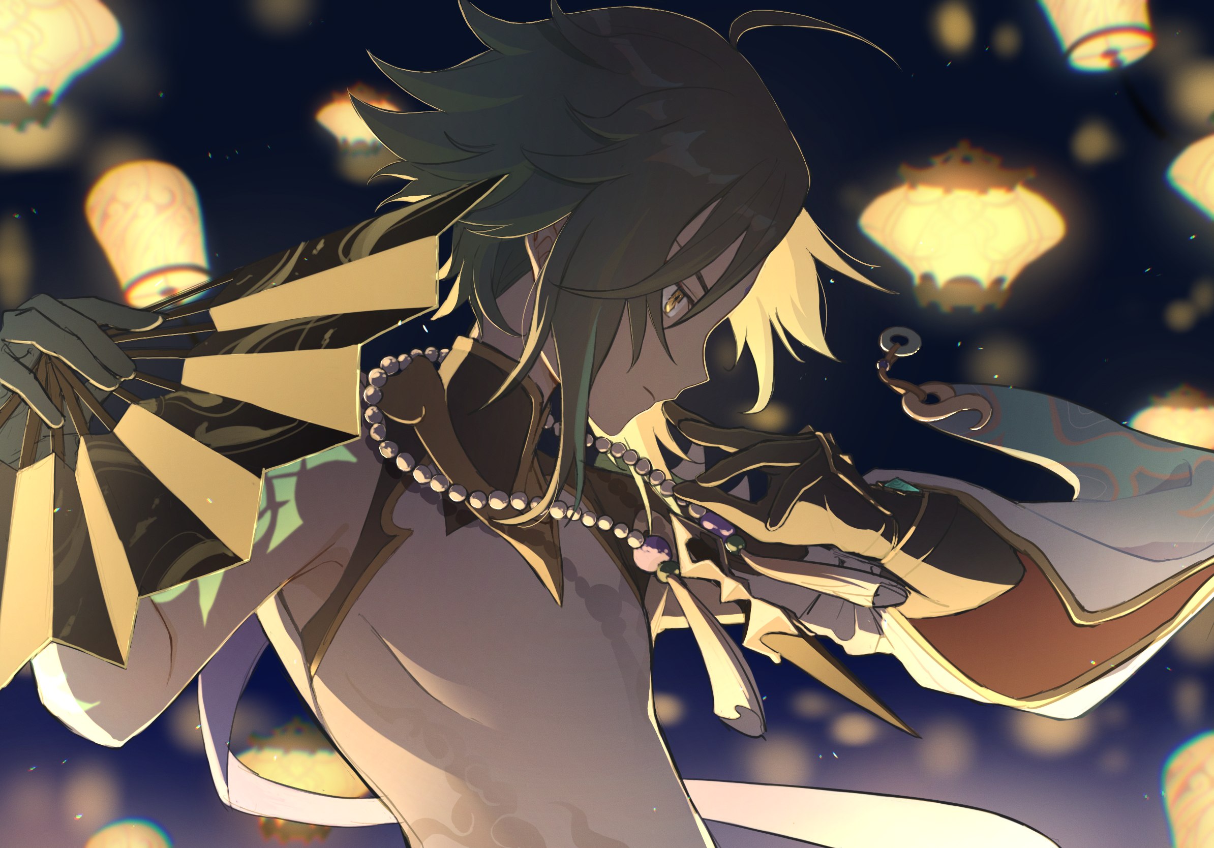 Xiao from Genshin Impact with fans and lanterns HD Wallpaper