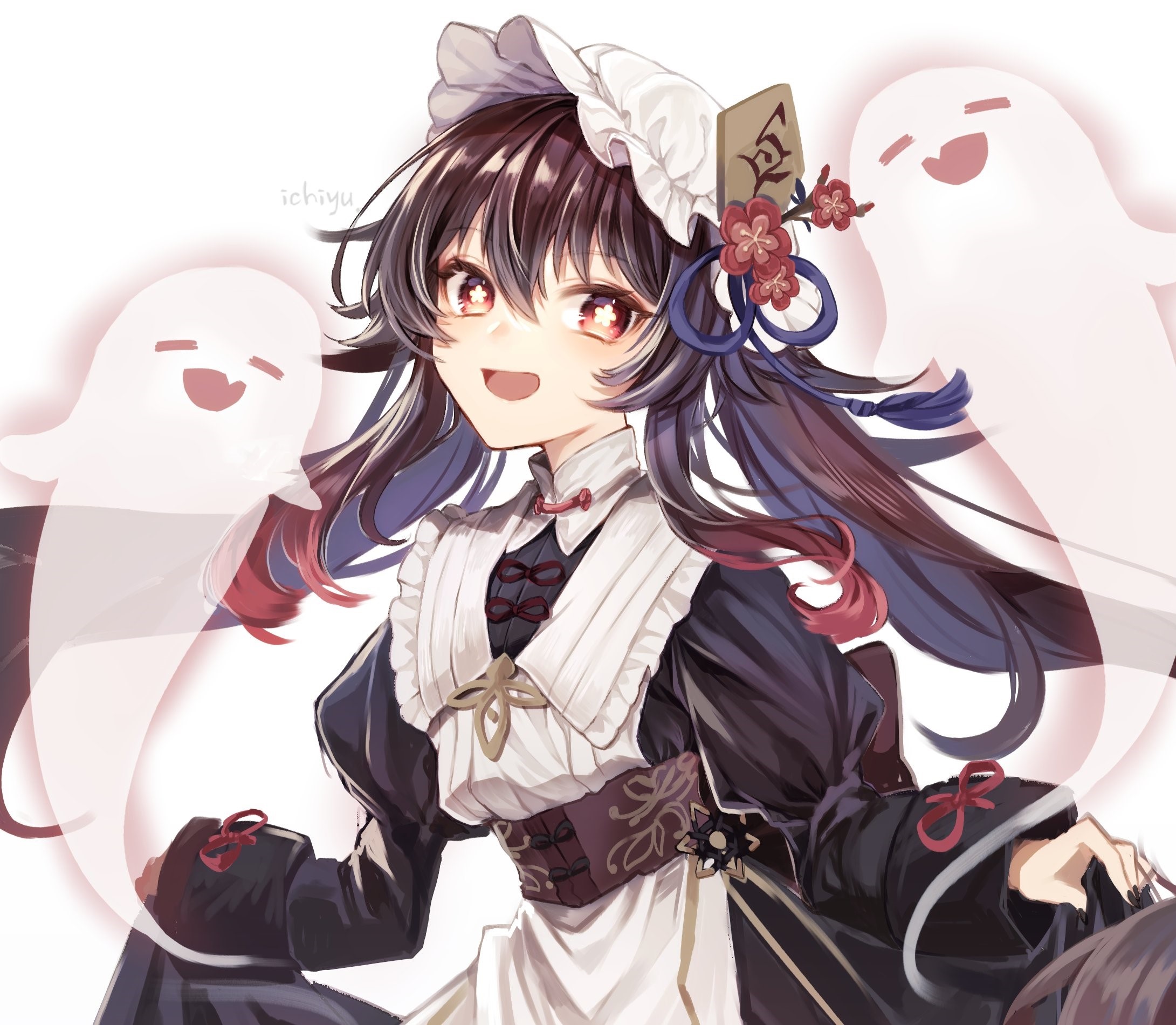 Hu Tao from Genshin Impact with ghosts HD Wallpaper