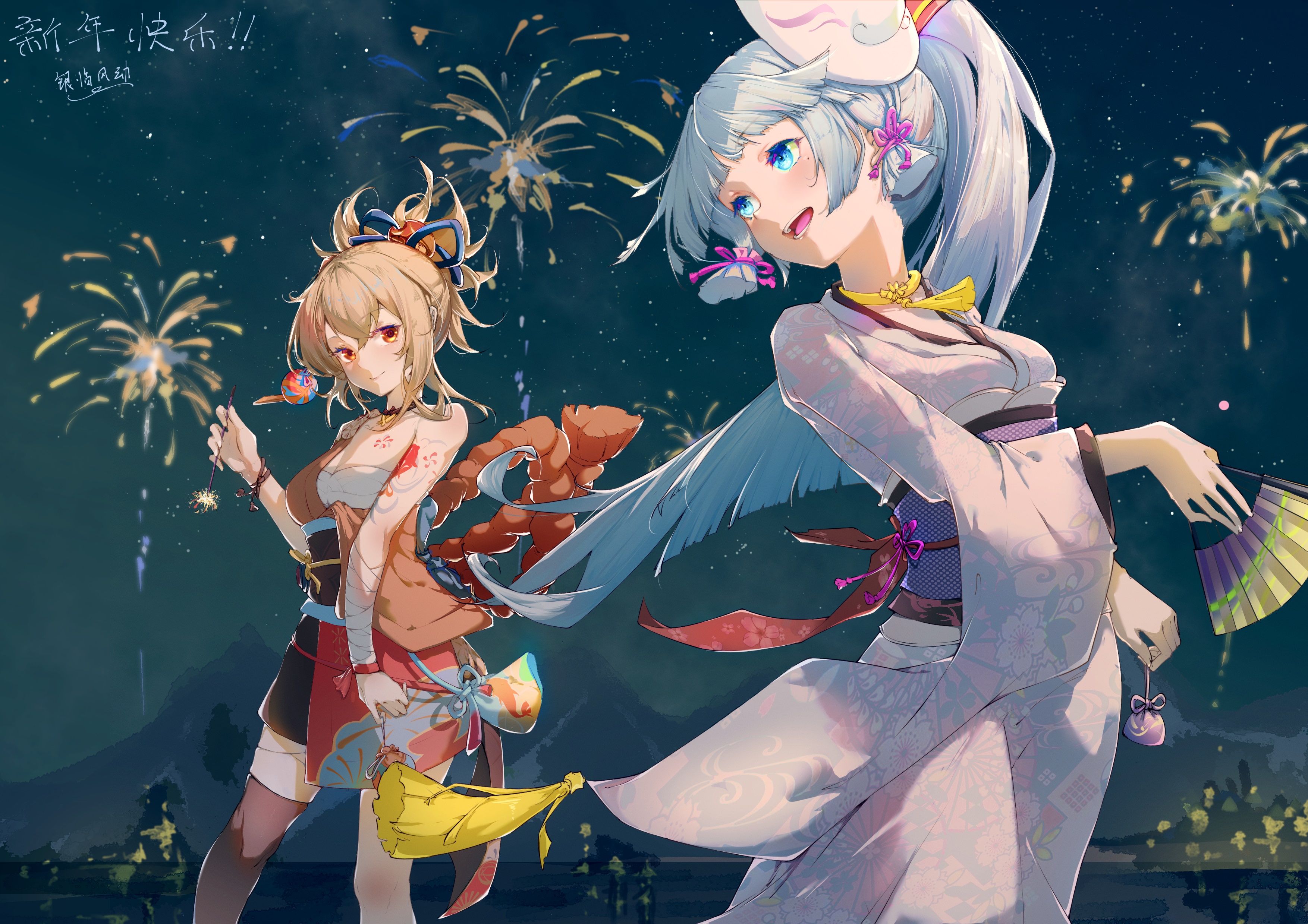 Kamisato Ayaka and Yoimiya from Genshin Impact at fireworks HD Wallpaper