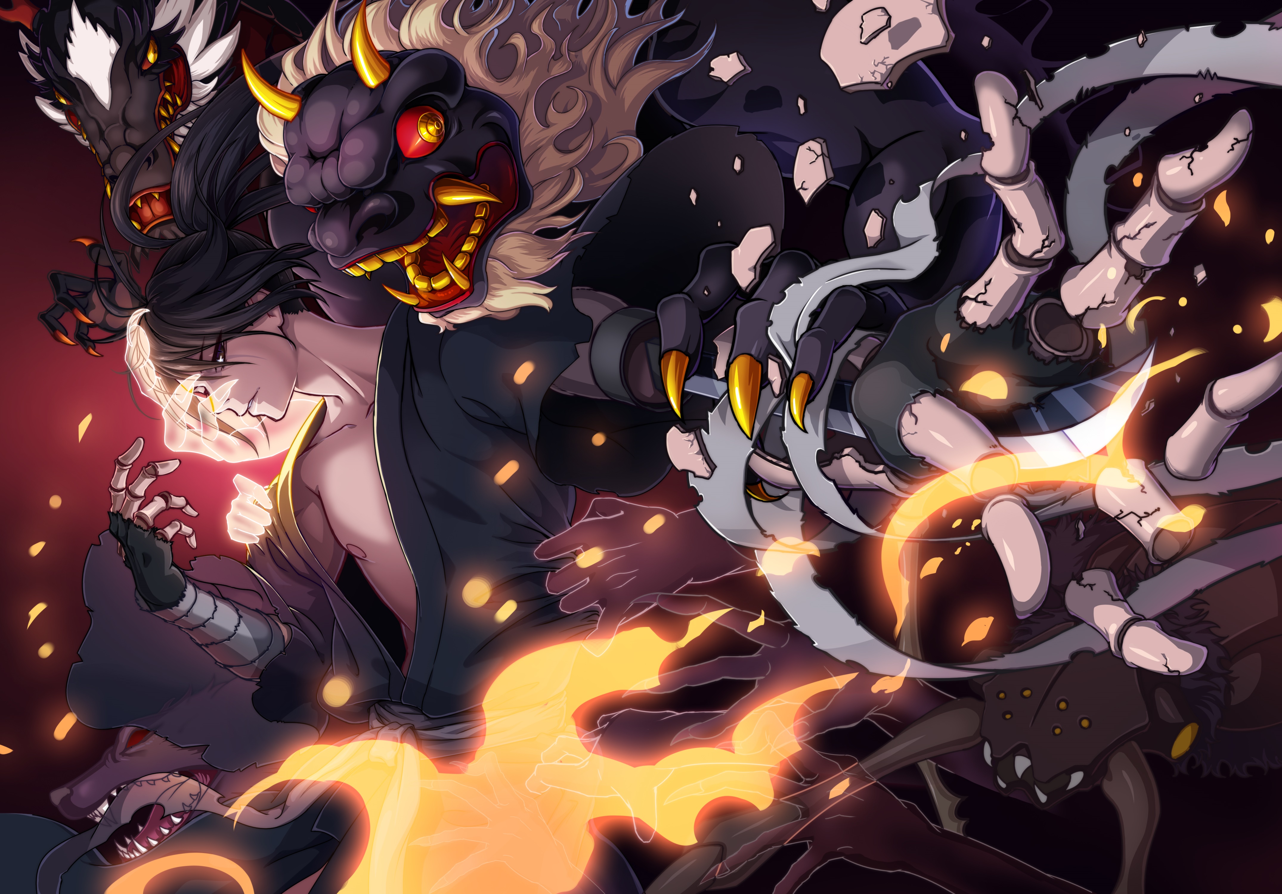 Hyakkimaru from Dororo with demons and fire HD Wallpaper