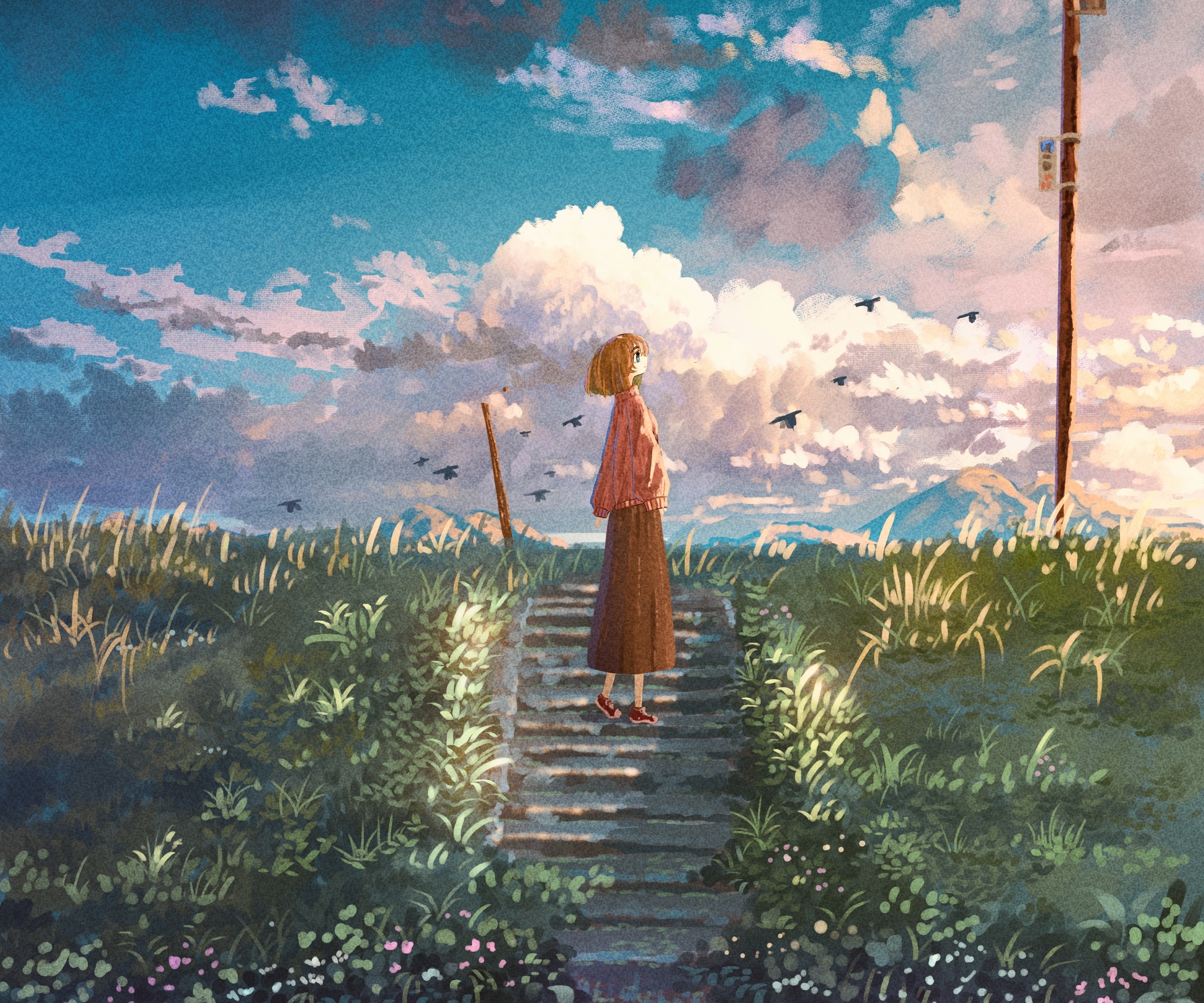 Girl standing on stairs in a field HD Wallpaper