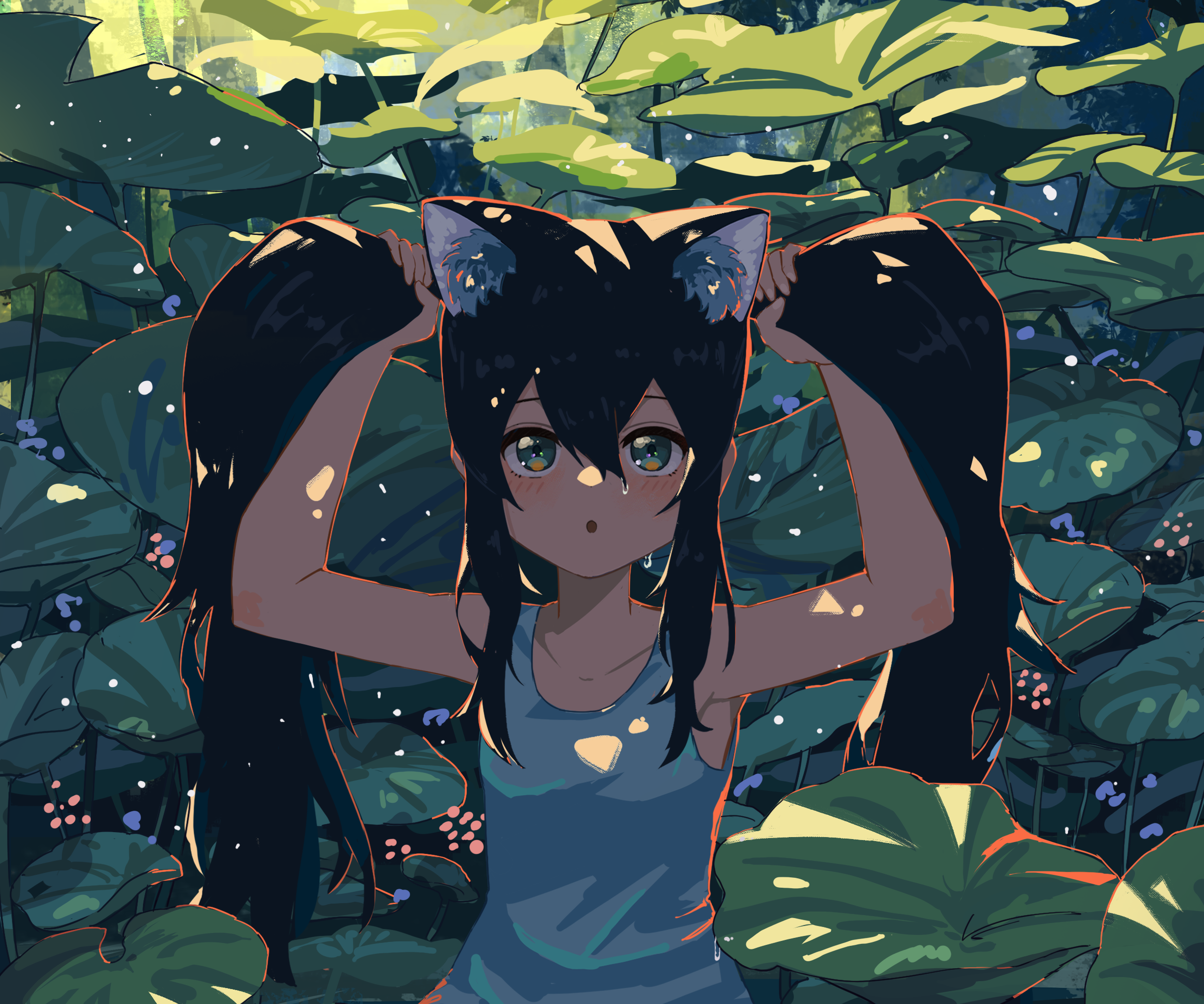 Girl with cat ears in a lotus pond HD Wallpaper