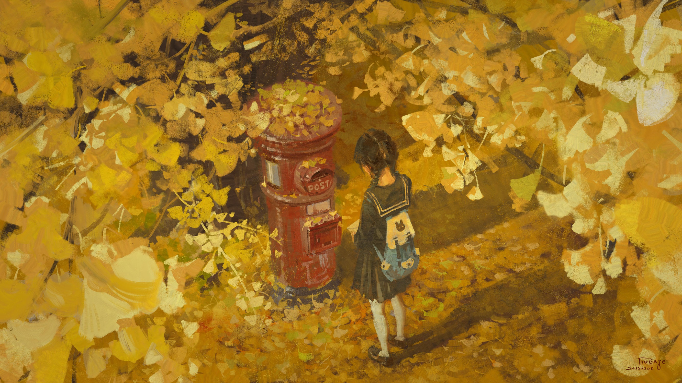 Girl by a red mailbox in autumn HD Wallpaper