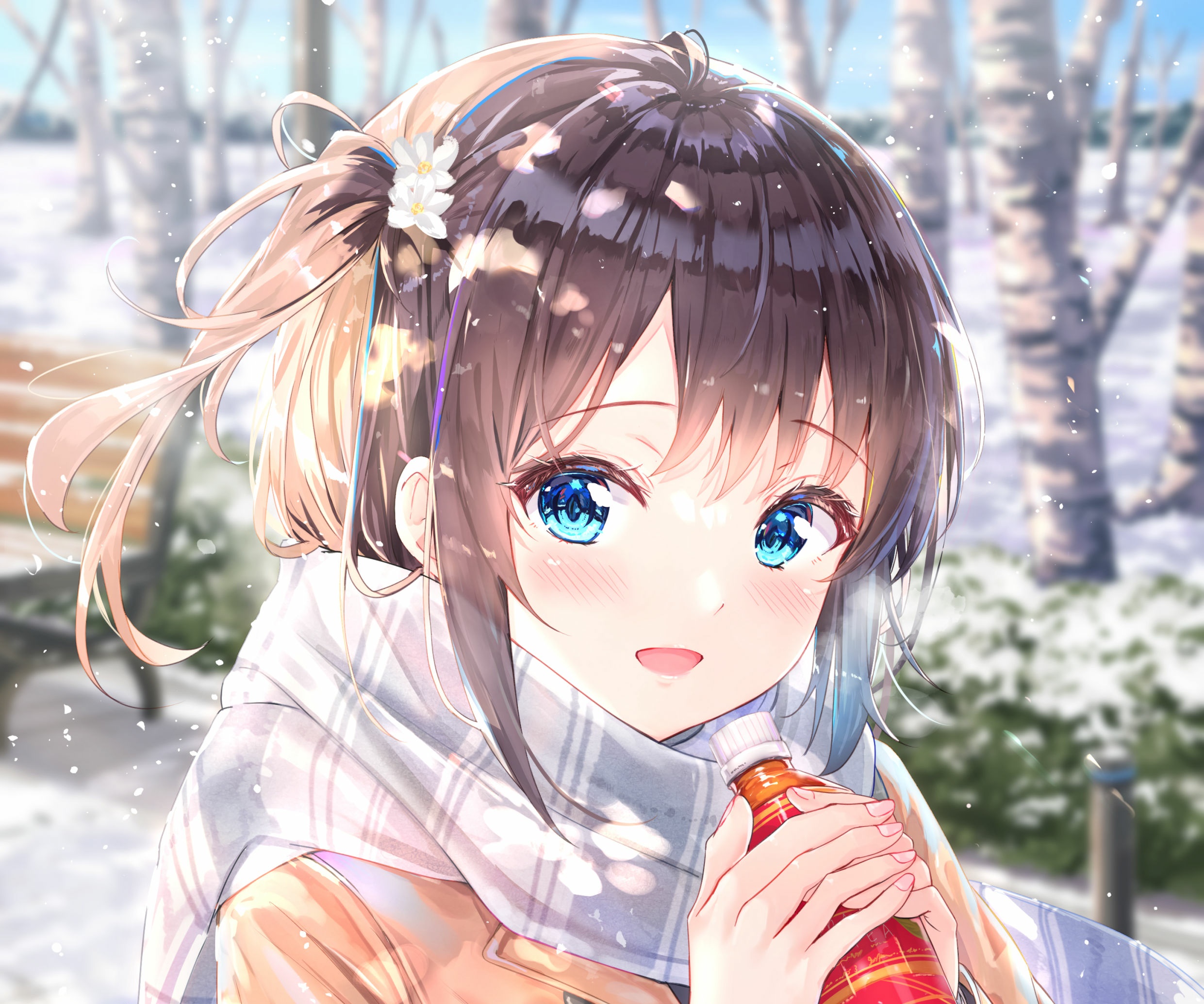 Anime girl with blue eyes holding a drink in winter HD Wallpaper