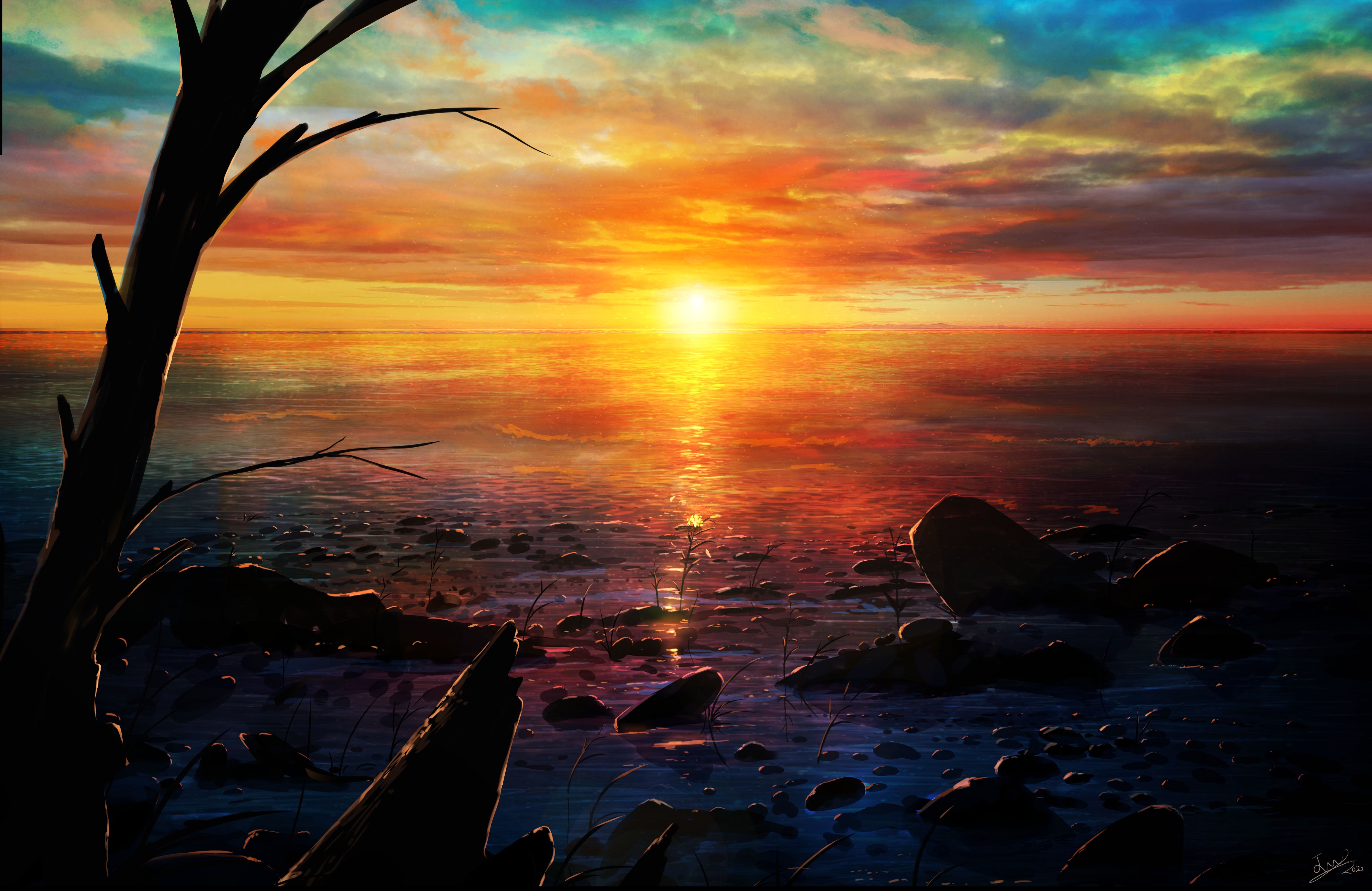 Sunset over the ocean with a tree silhouette HD Wallpaper