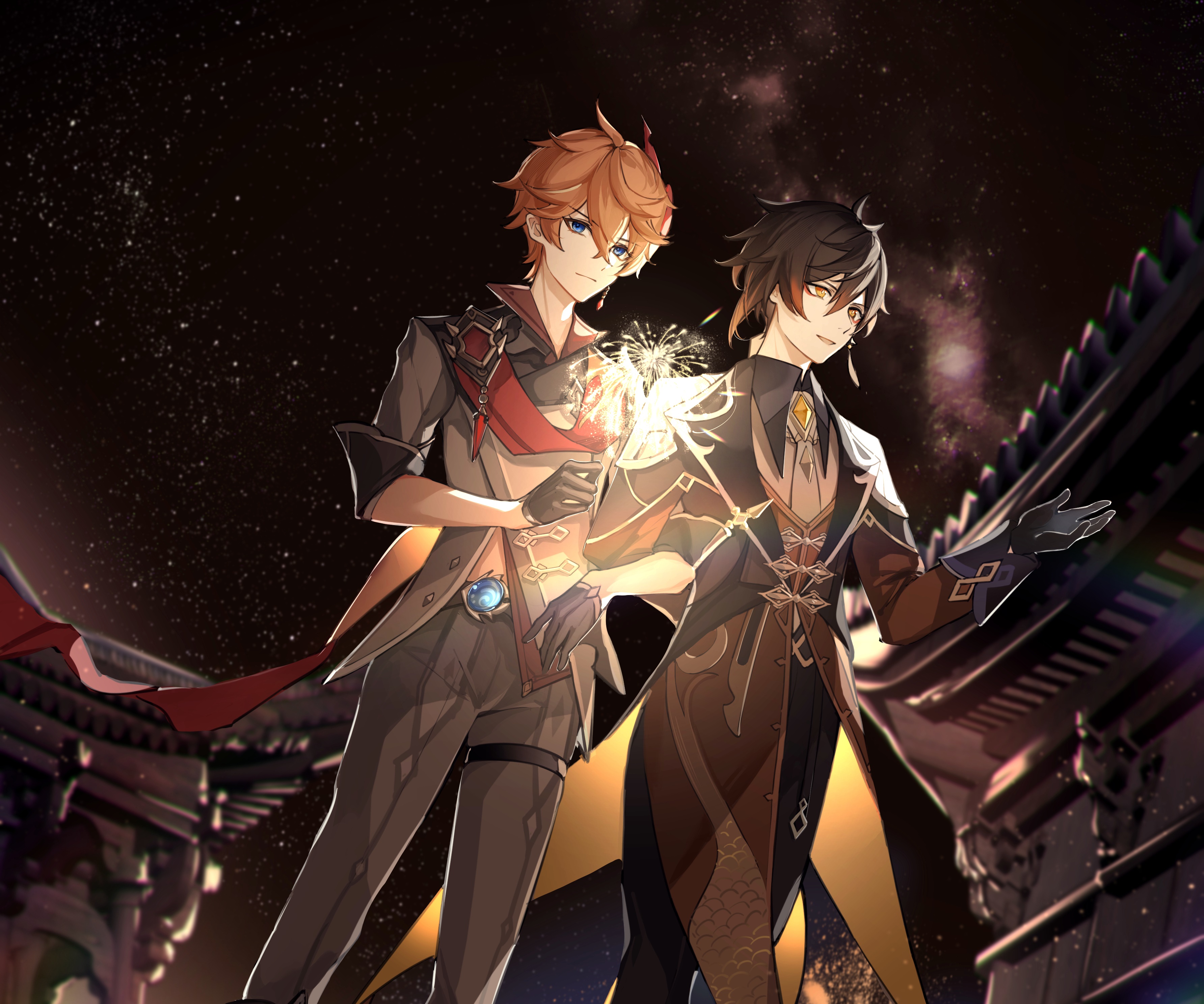 Tartaglia and Zhongli from Genshin Impact with Sparklers HD Wallpaper