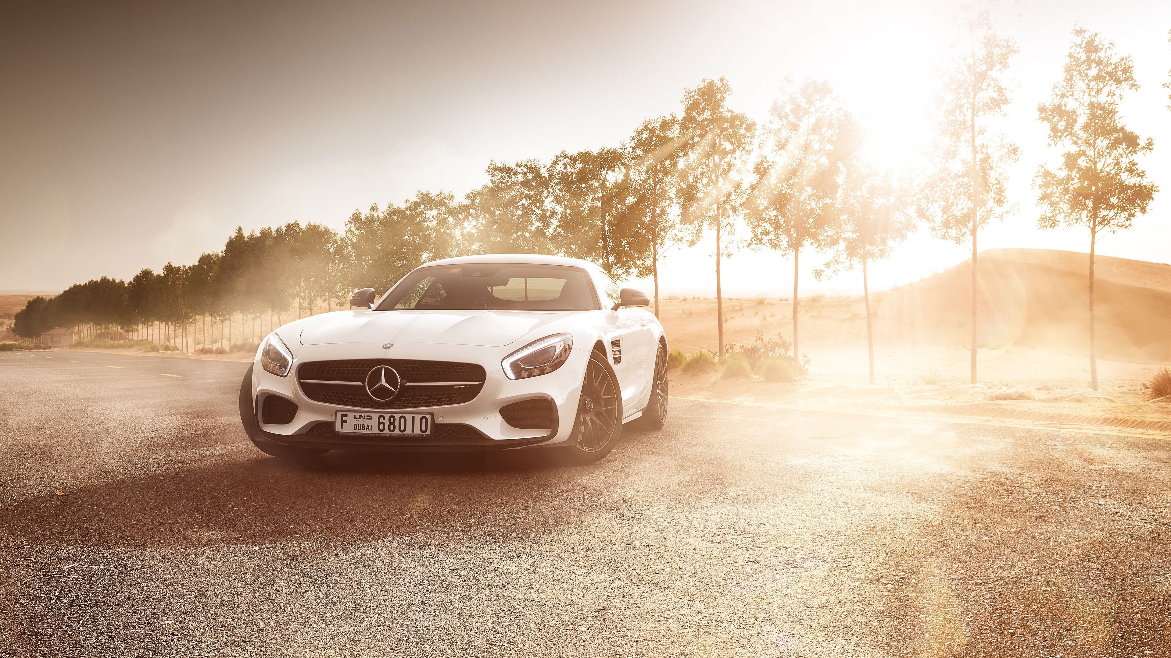 White Mercedes-AMG GT 4K on Desert Road HD Wallpaper