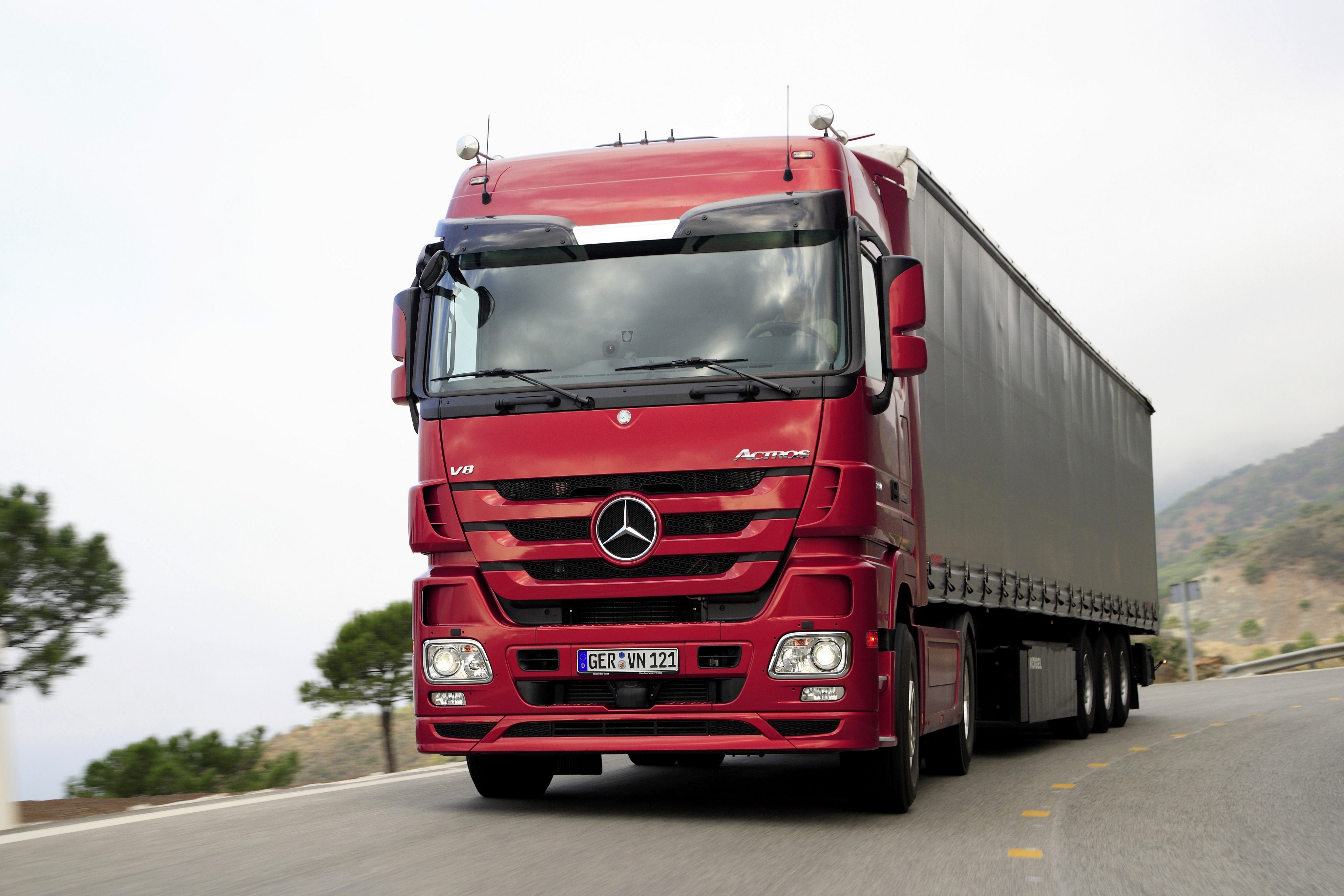 Red Mercedes-Benz Actros Truck on Road HD Wallpaper