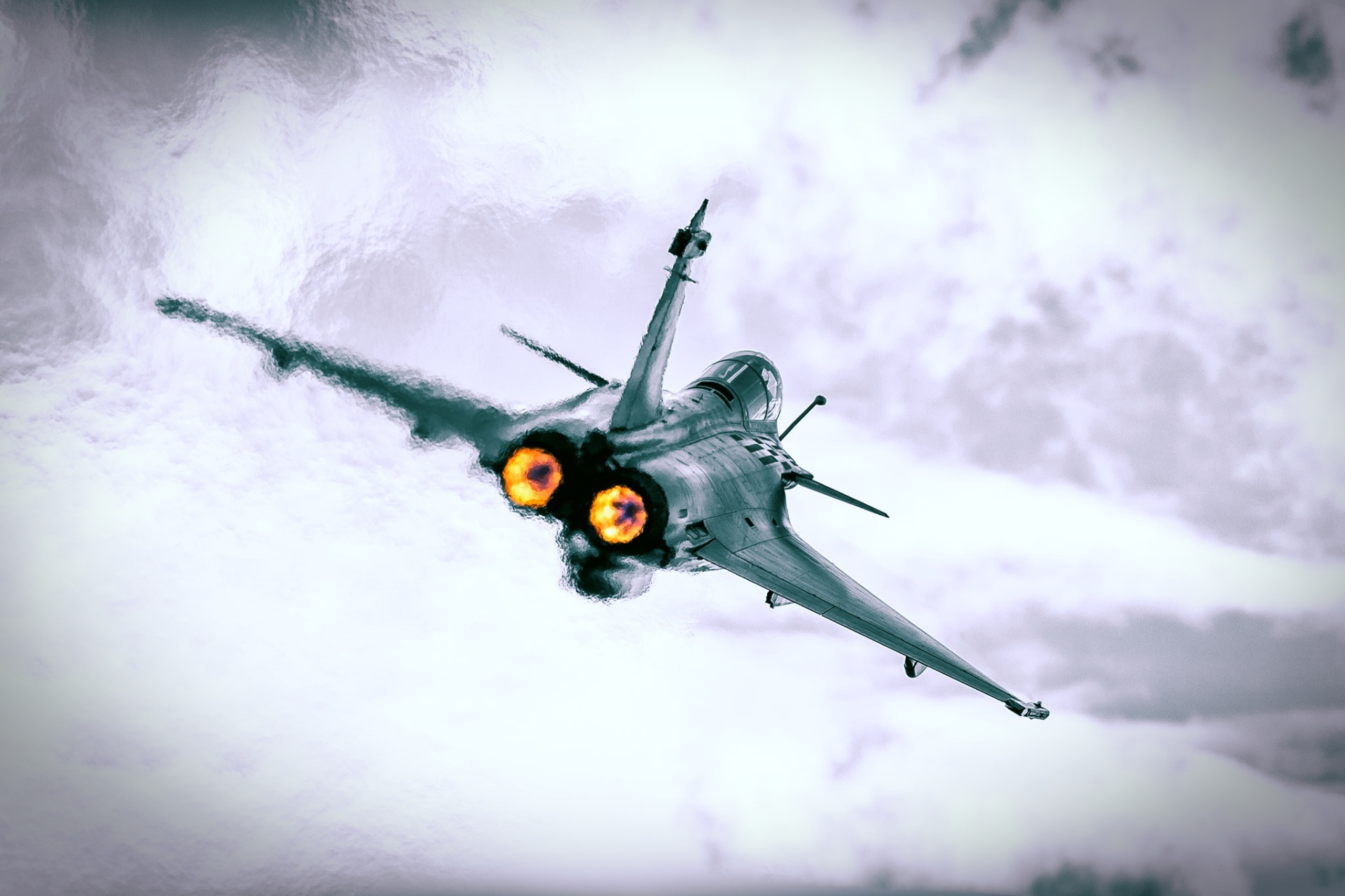 Jet fighter plane in flight with engines on fire HD Wallpaper
