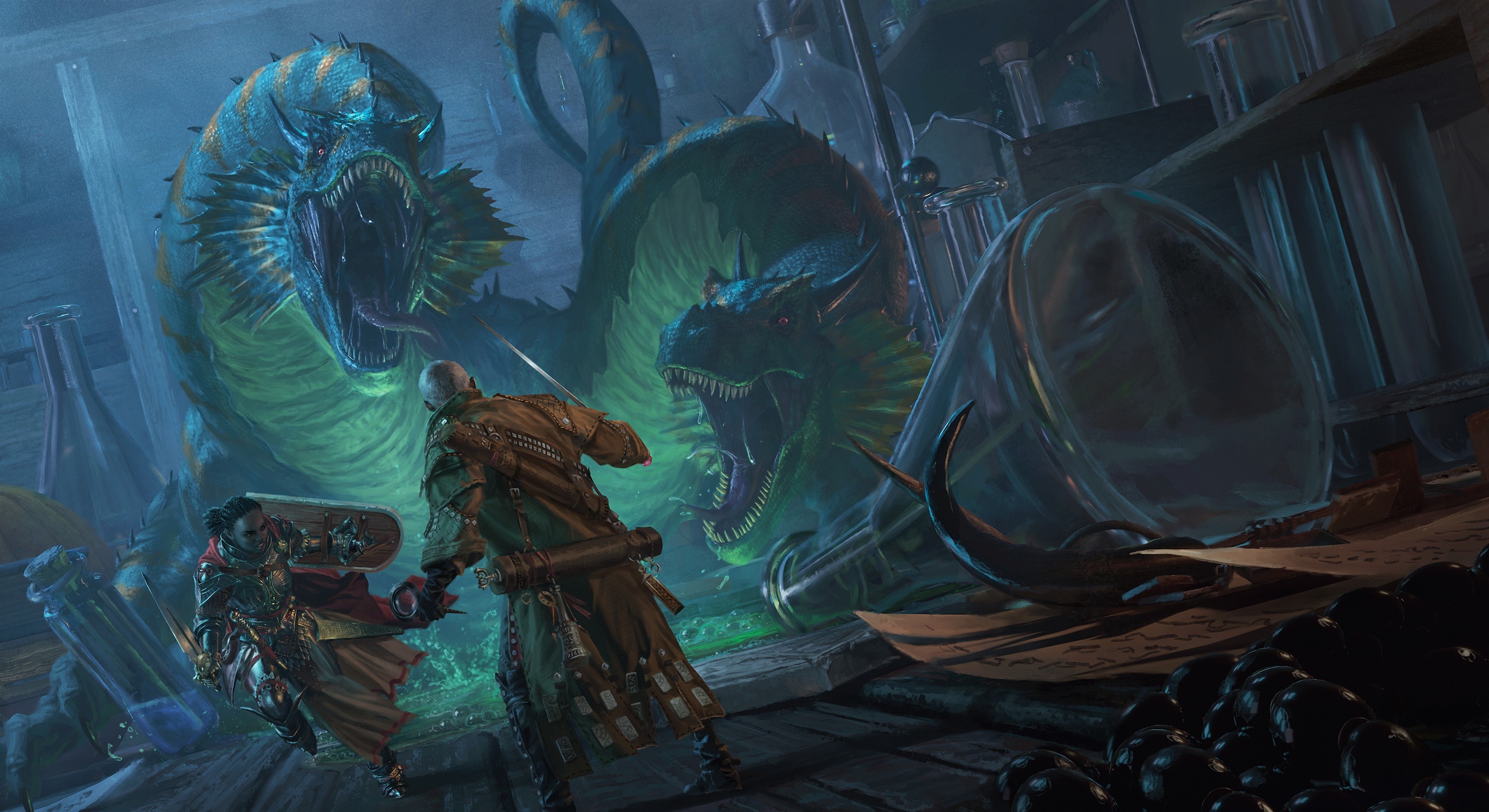 Dragon in a laboratory with adventurers HD Wallpaper
