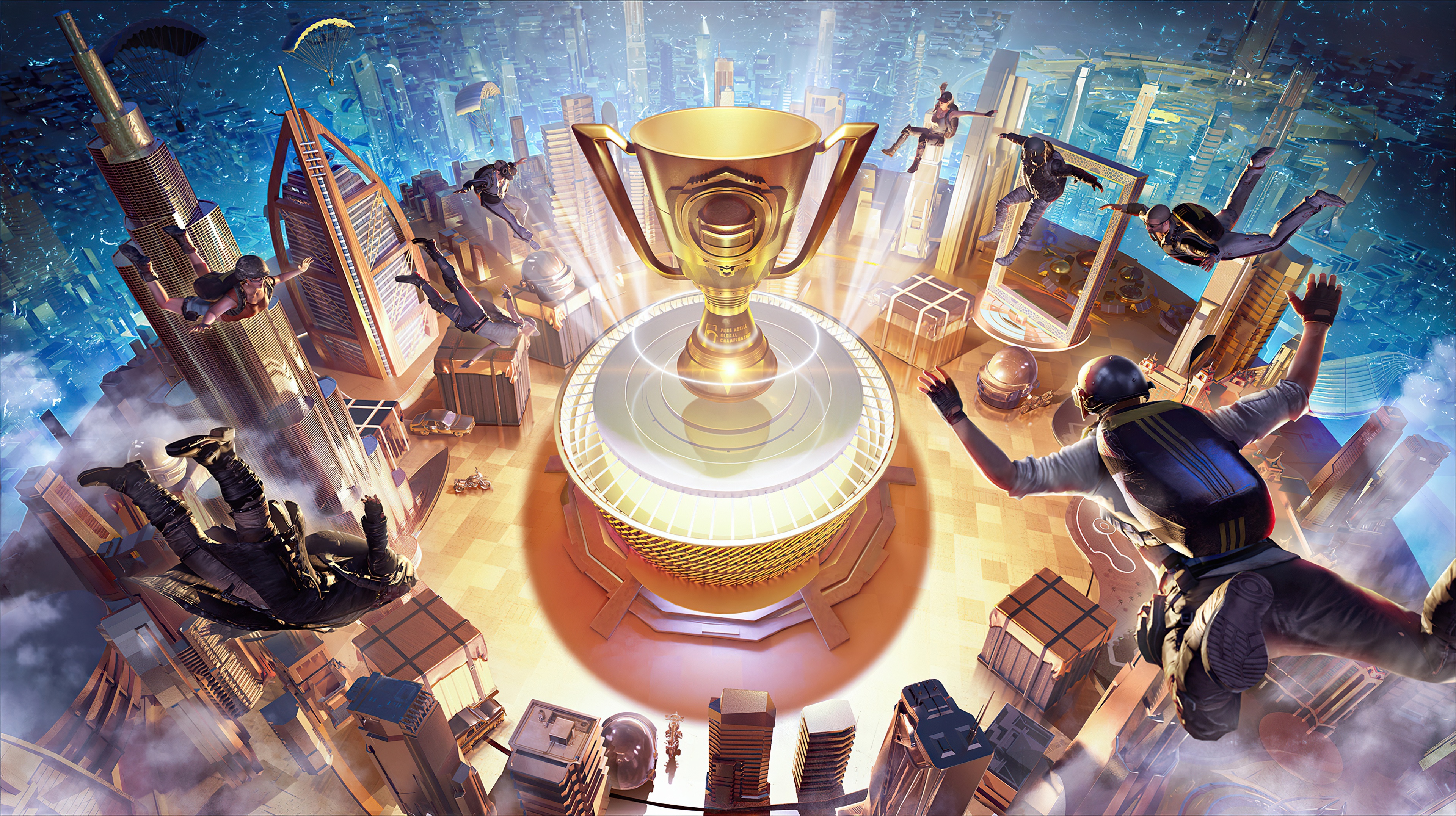 PlayerUnknowns Battlegrounds players skydiving around a trophy HD Wallpaper