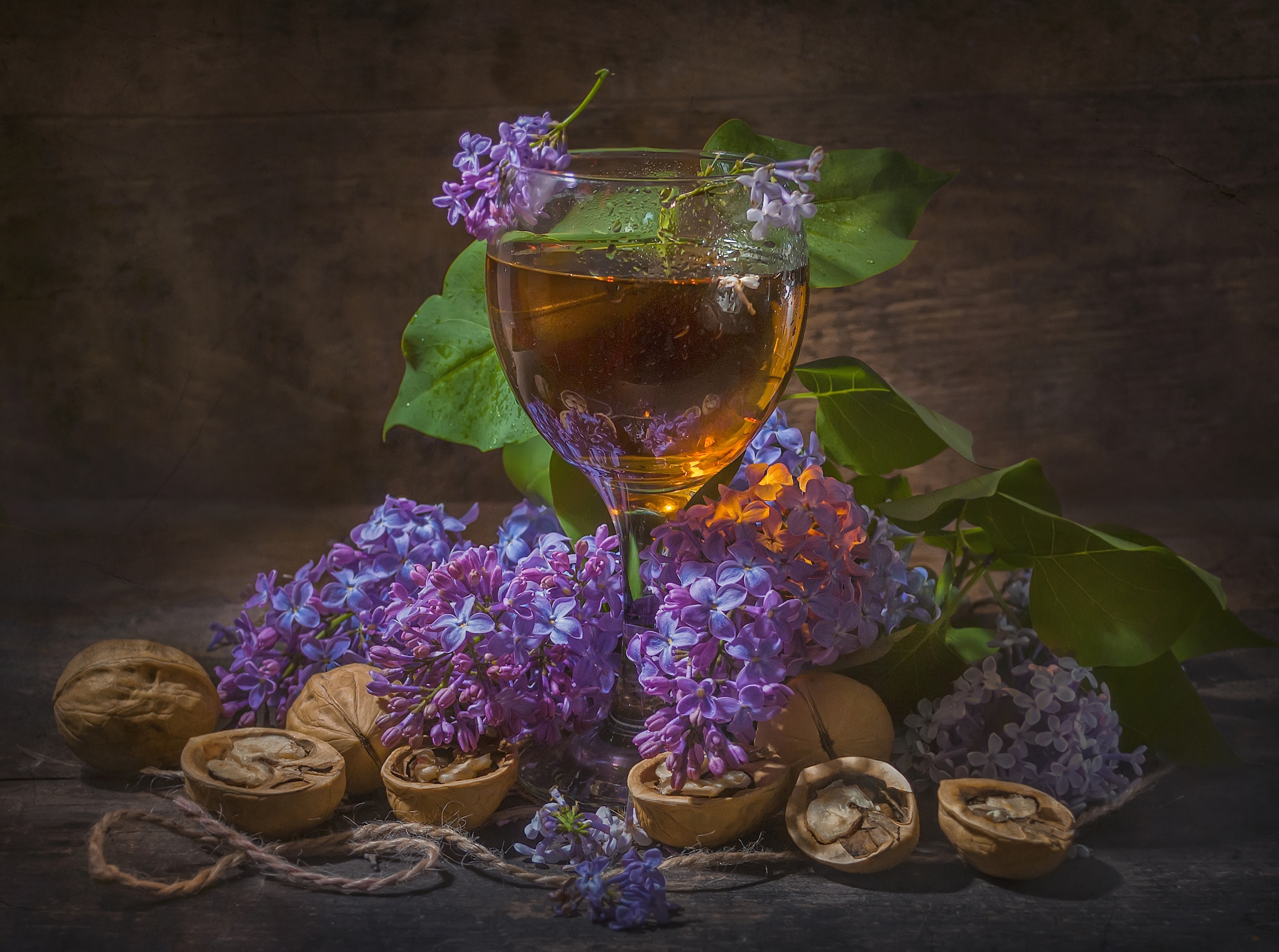 Still life with wine glass, lilacs, and walnuts HD Wallpaper