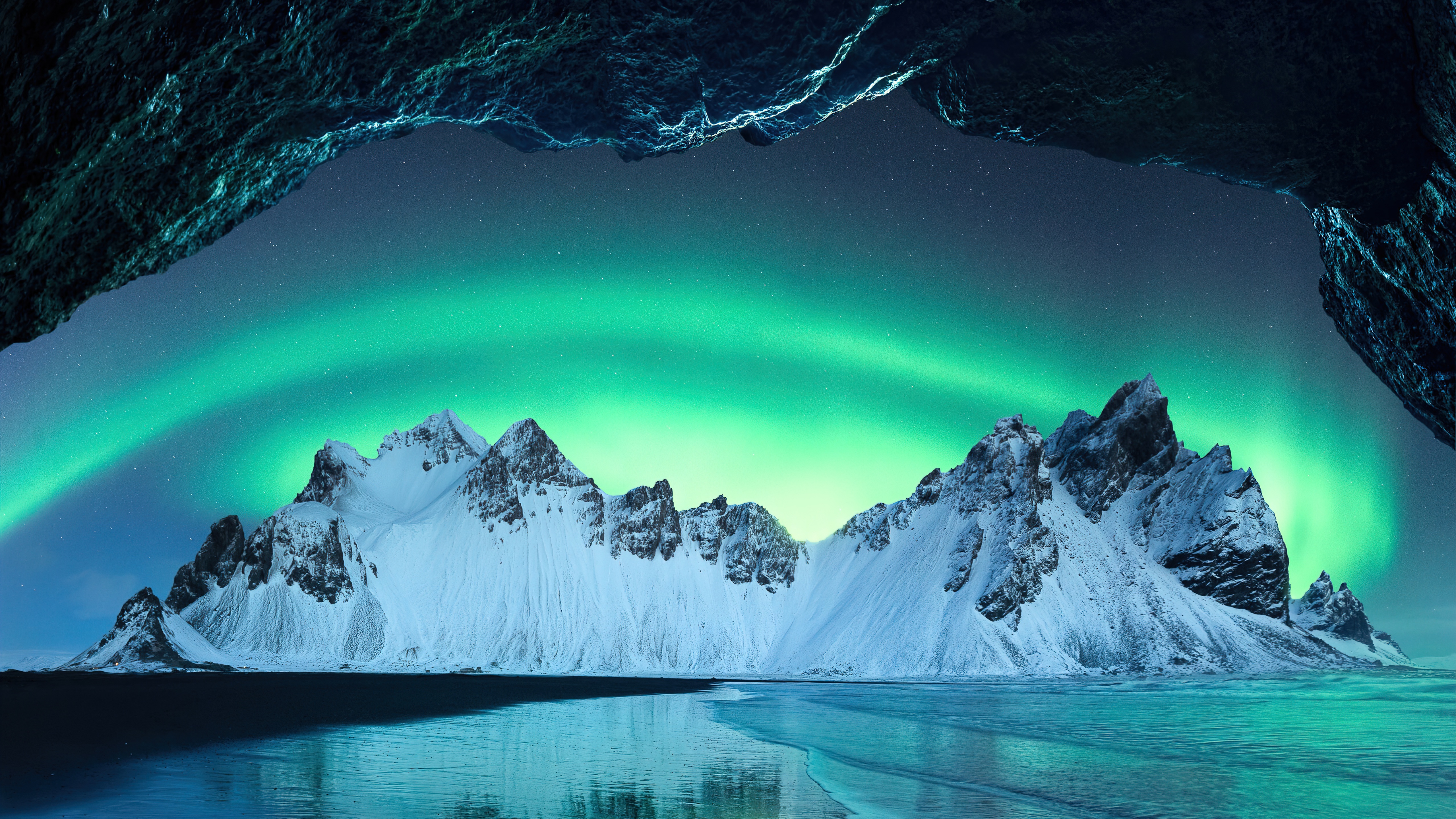 Aurora Borealis over Snow-Capped Mountains at Night HD Wallpaper