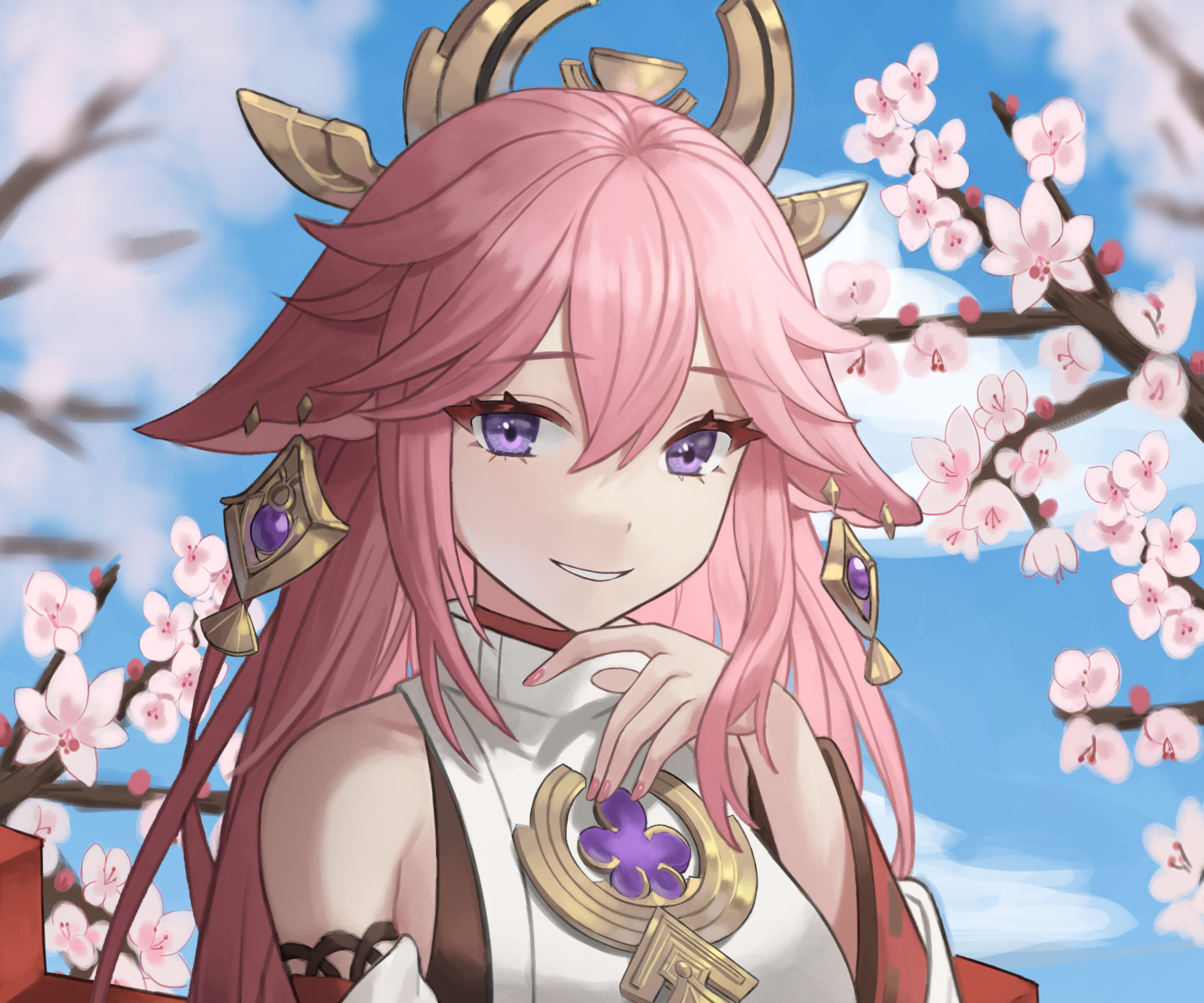Yae Miko from Genshin Impact with cherry blossoms HD Wallpaper