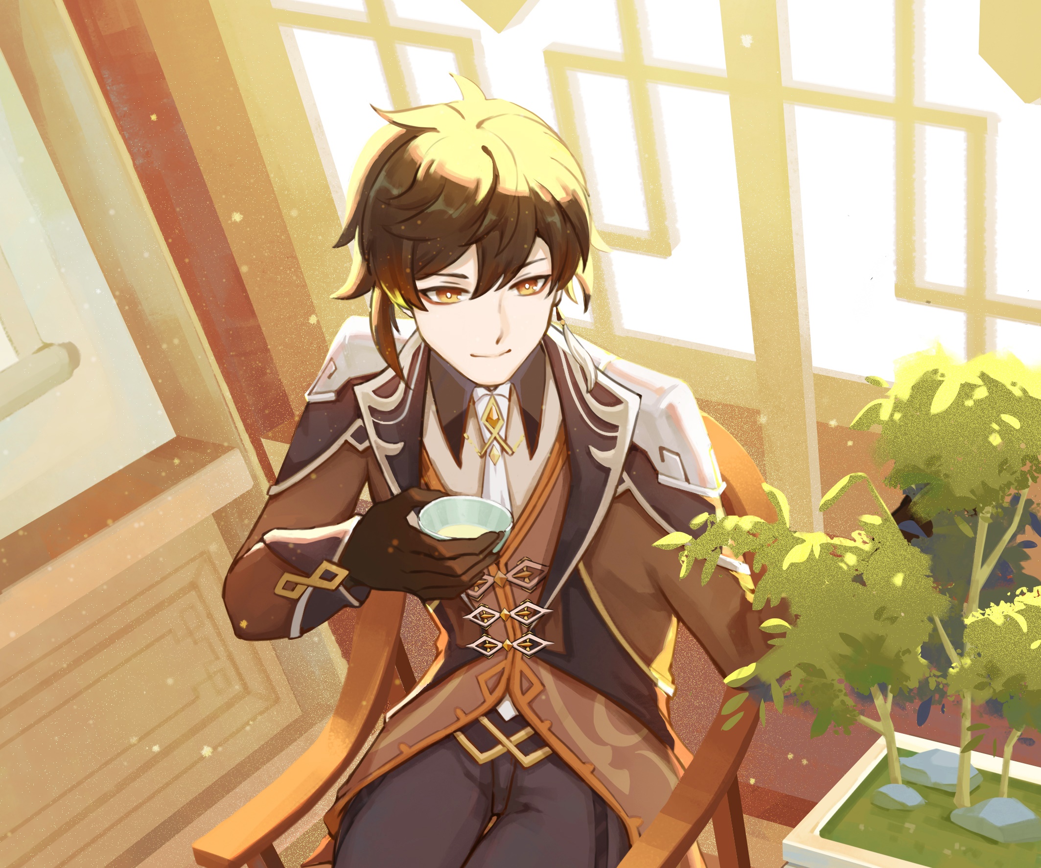 Zhongli from Genshin Impact drinking tea HD Wallpaper