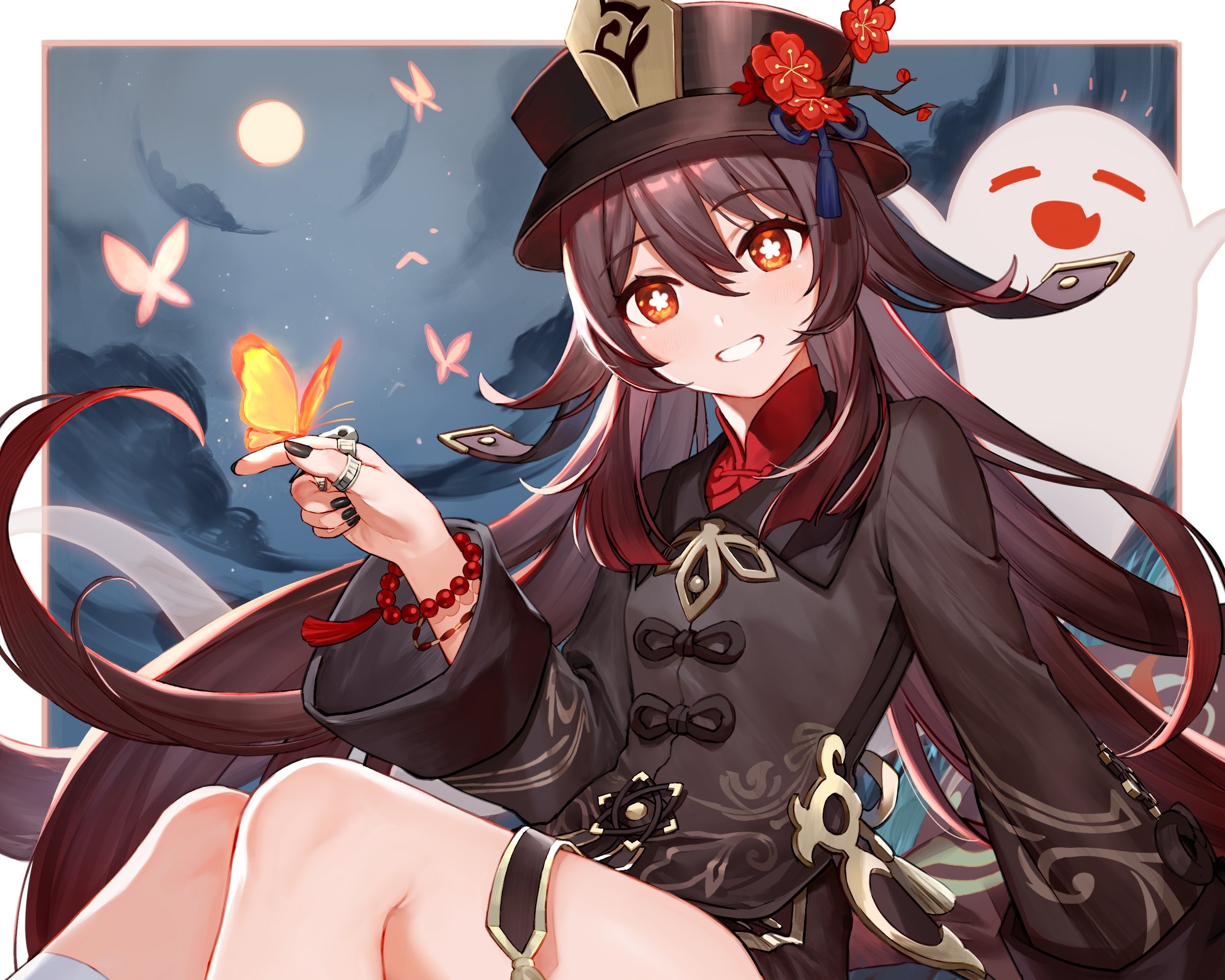 Hu Tao from Genshin Impact with a ghost and butterflies HD Wallpaper