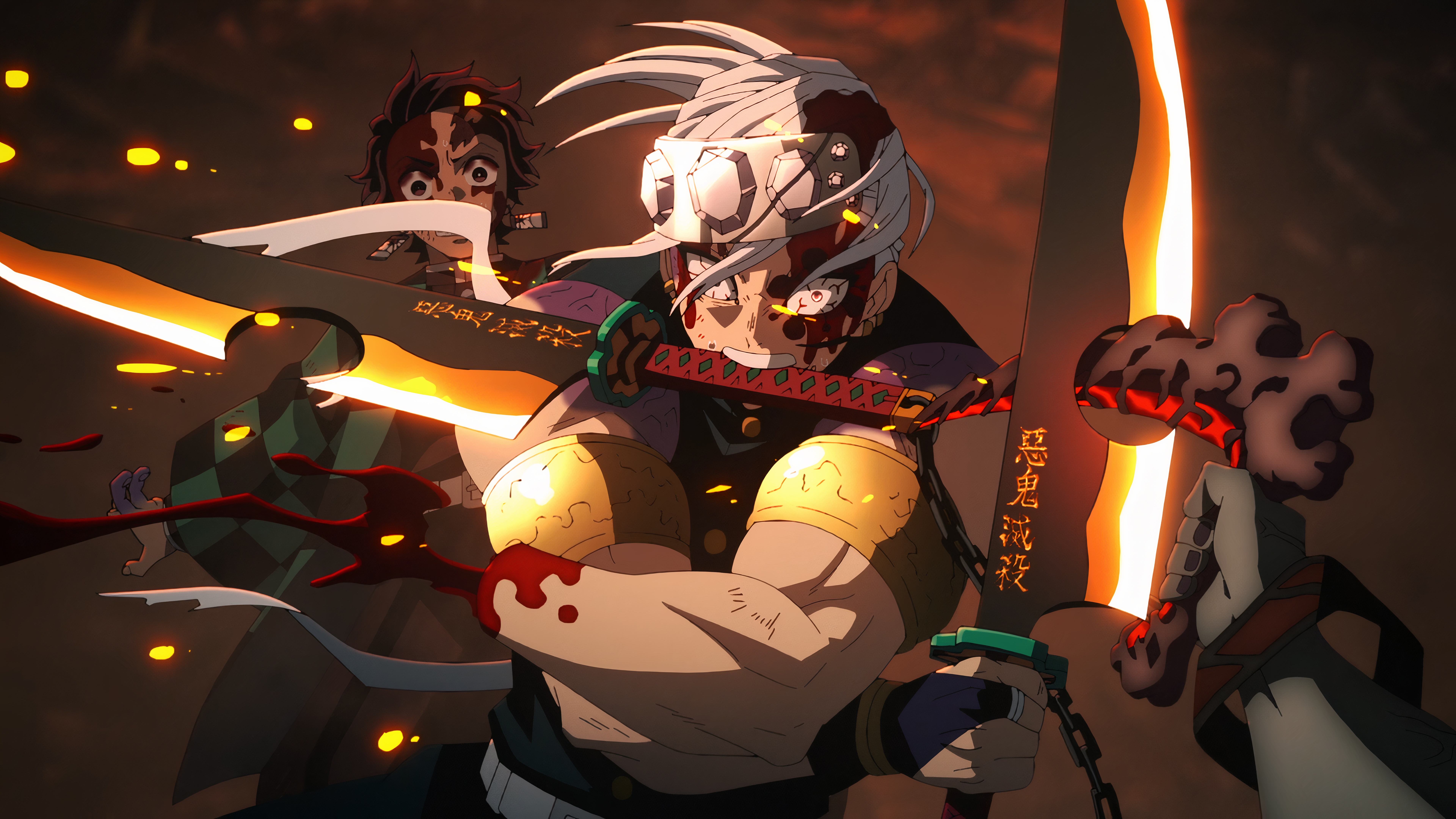 Tengen Uzui and Tanjiro Kamado fighting Gyutaro HD Wallpaper